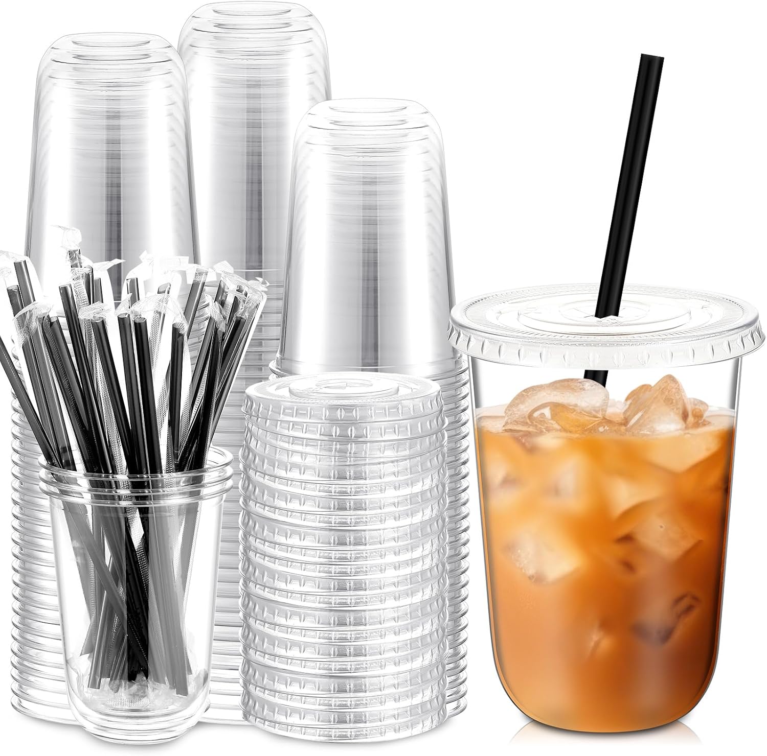 100 Set 16 oz Clear Plastic Cups with Lids and Straws, Disposable Iced Coffee PET Cups for Drinking Cold Beverage Juice Parfait Smoothie Milkshake Coffee Shops Party Supplies