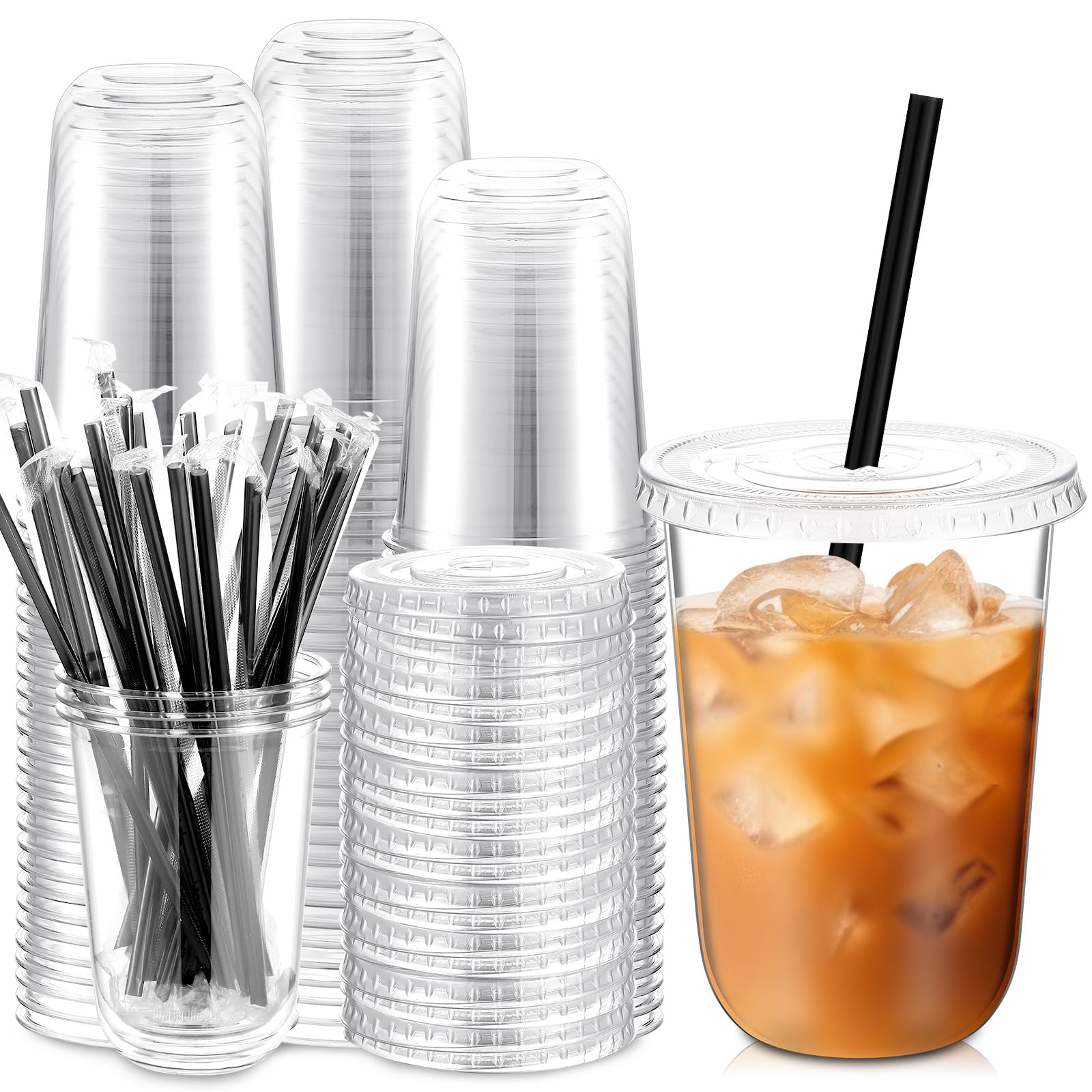 100 set clear plastic cups with lids and straws, disposable iced coffee pet cups for drinking cold beverage juice parfait smoothie milkshake coffee shops party supplies (16 oz)