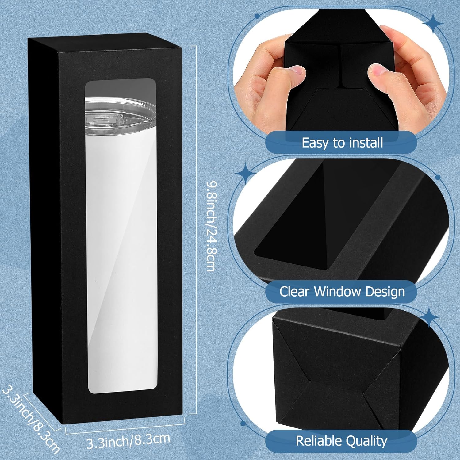 Honoson 24 Pcs Gift Boxes for Sublimation Tumblers Transparent Gift Wrapping Box with Ribbon for 12oz, 20oz, 30oz Heat Press Sublimation Blanks Skinny Cup(Black) - Image 2