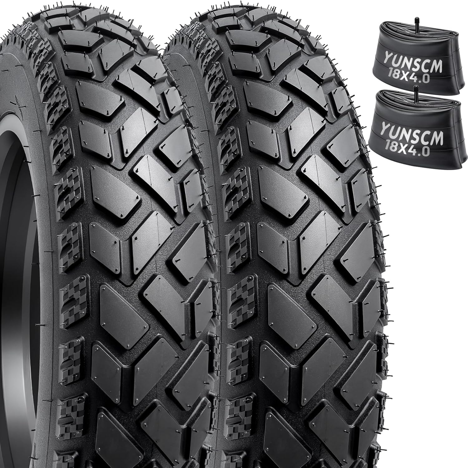 2-PCS 18 inch Heavy Duty 18x4.0 Fat E-Bike Tires and 18X4 Heavy Duty Fat Bike Tubes Scharder Valve Compatible with 18 x 4.0 Electric Bike All-Terrain Directional Tread Bicycle Tires and Tubes (Y-1398)