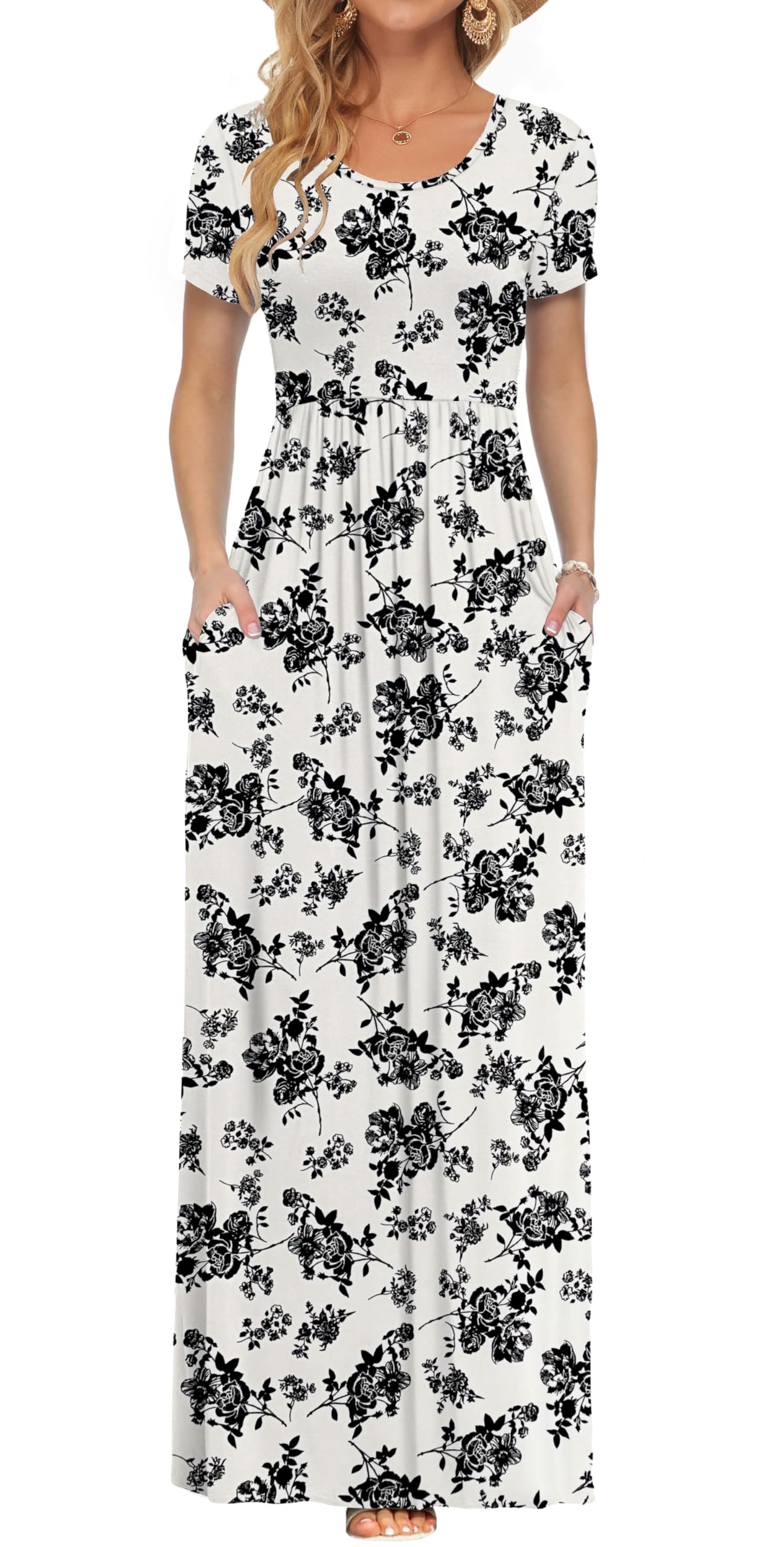 AUSELILY Women's Summer Short Sleeve Loose Plain Casual Long Maxi Dresses | Year Round wear solid floral print, Casual wear, Empire waist, Floor length, Side pockets