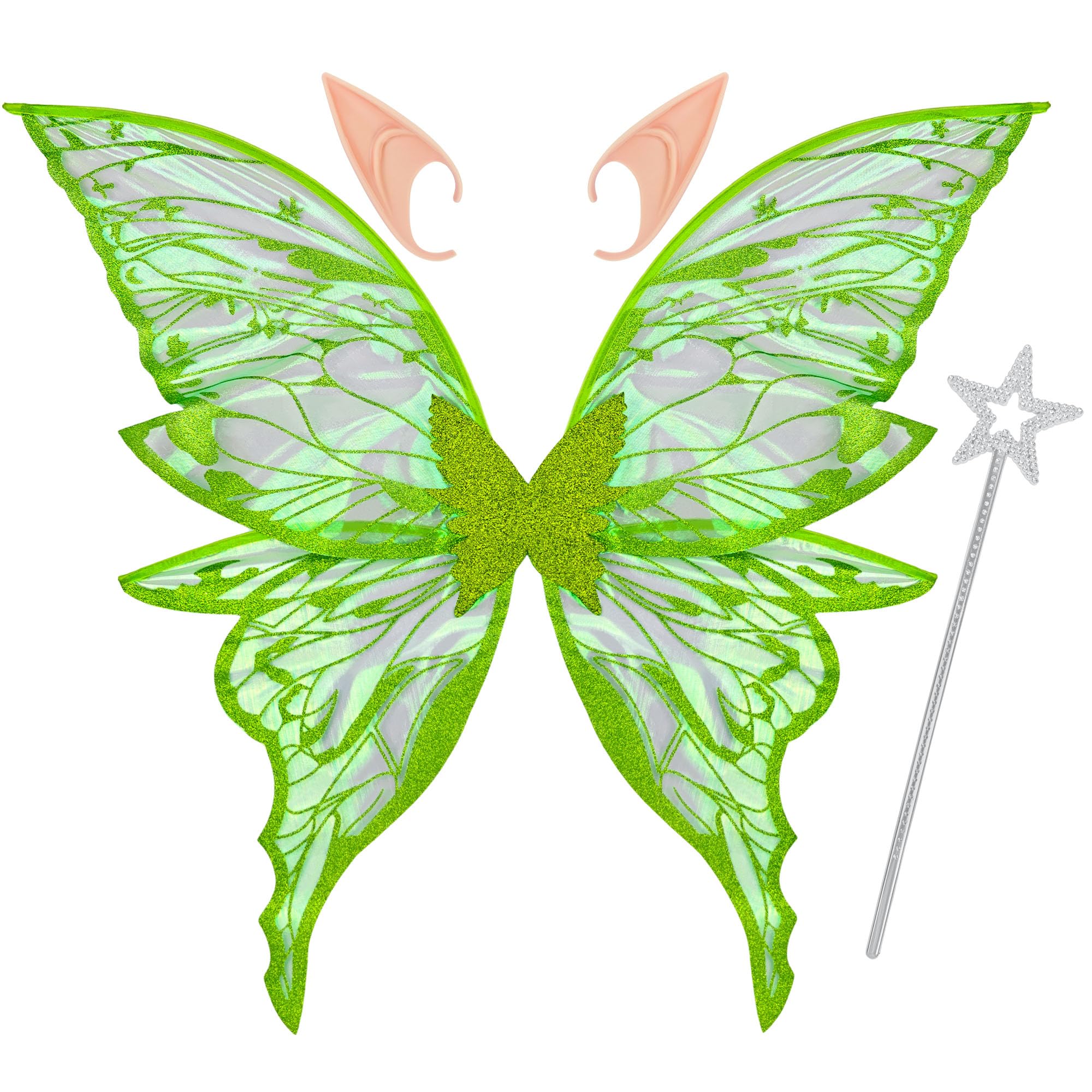 Vifcotlyp Fairy Wings for Adult Women, Shiny Large Butterfly Fairy Wings with Elf Ears Wand for Halloween Party Cosplay (Green)
