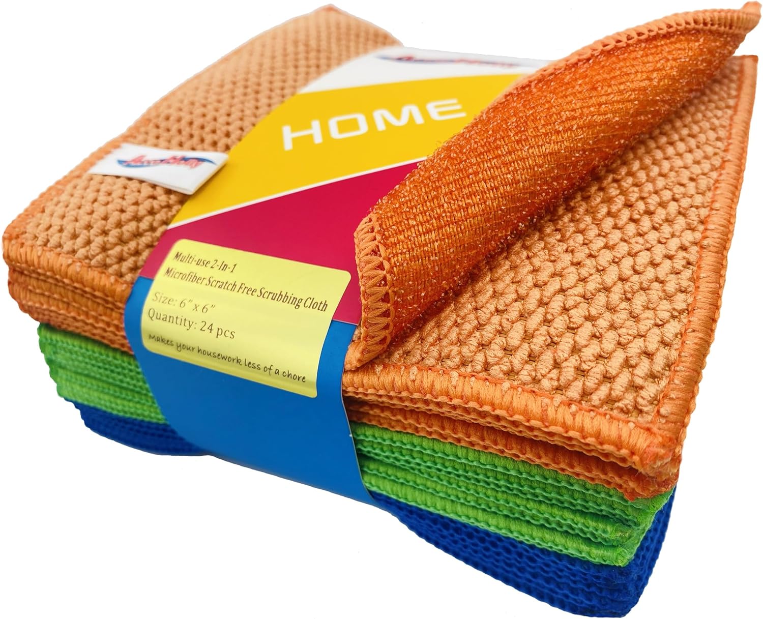 24-Pack Reusable, Scrub Dish Cloth –Non-Scratch Microfiber Scrubber, Planet-Friendly, Easy Rinsing, Quick Dry, Dishwasher Safe Cloth for Kitchen & Household, 6 x 6 Inch, Orange, Blue & Green Assorted