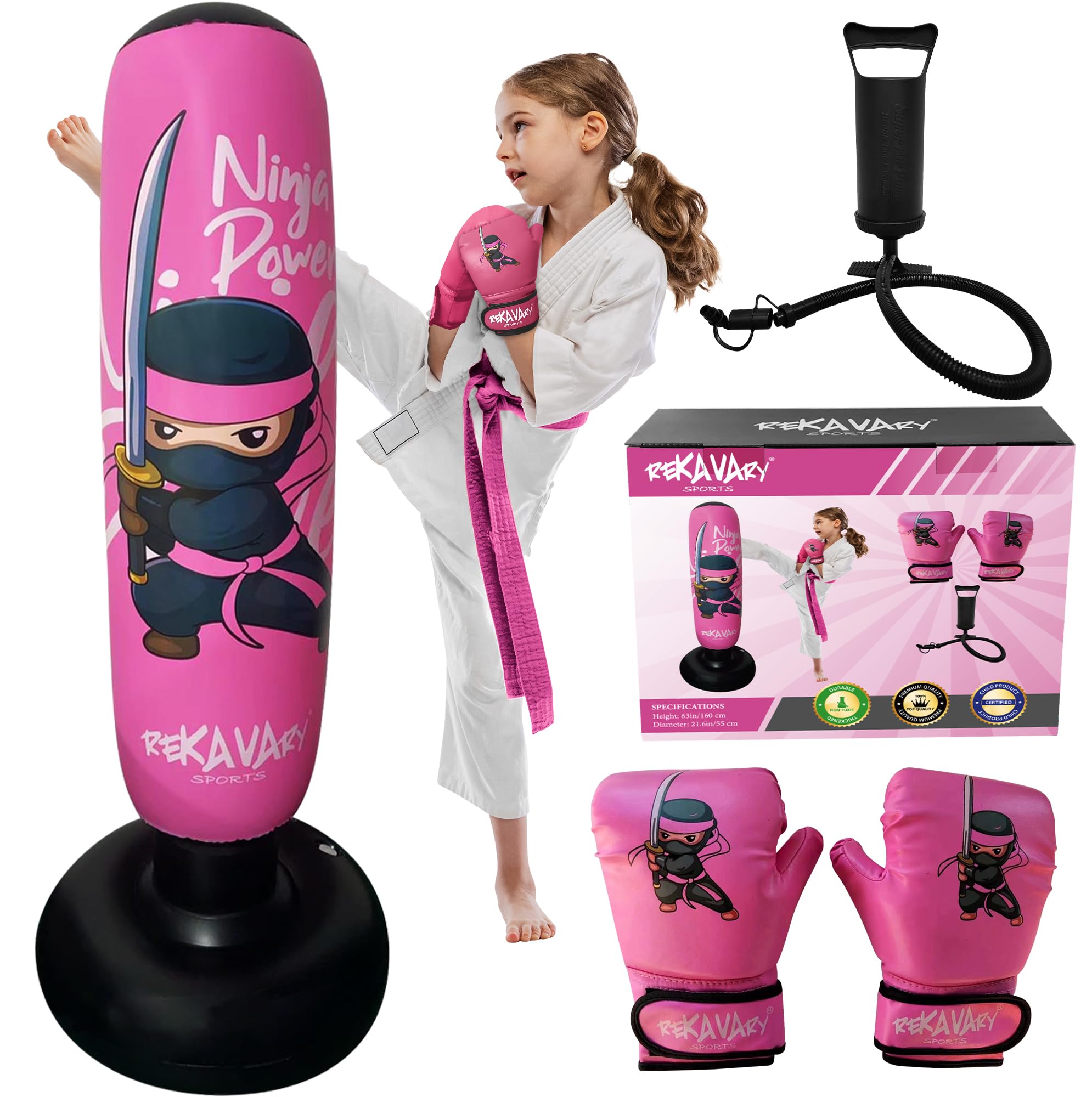 Punching Bag for Kids - 5' 3" TALL and STABLE - Baby Ninja Kids Inflatable Punching Bag Combo Kit with Kids Boxing Gloves, a Pump and Repair Kit. Boxing Bag for Immediate Bounce Back