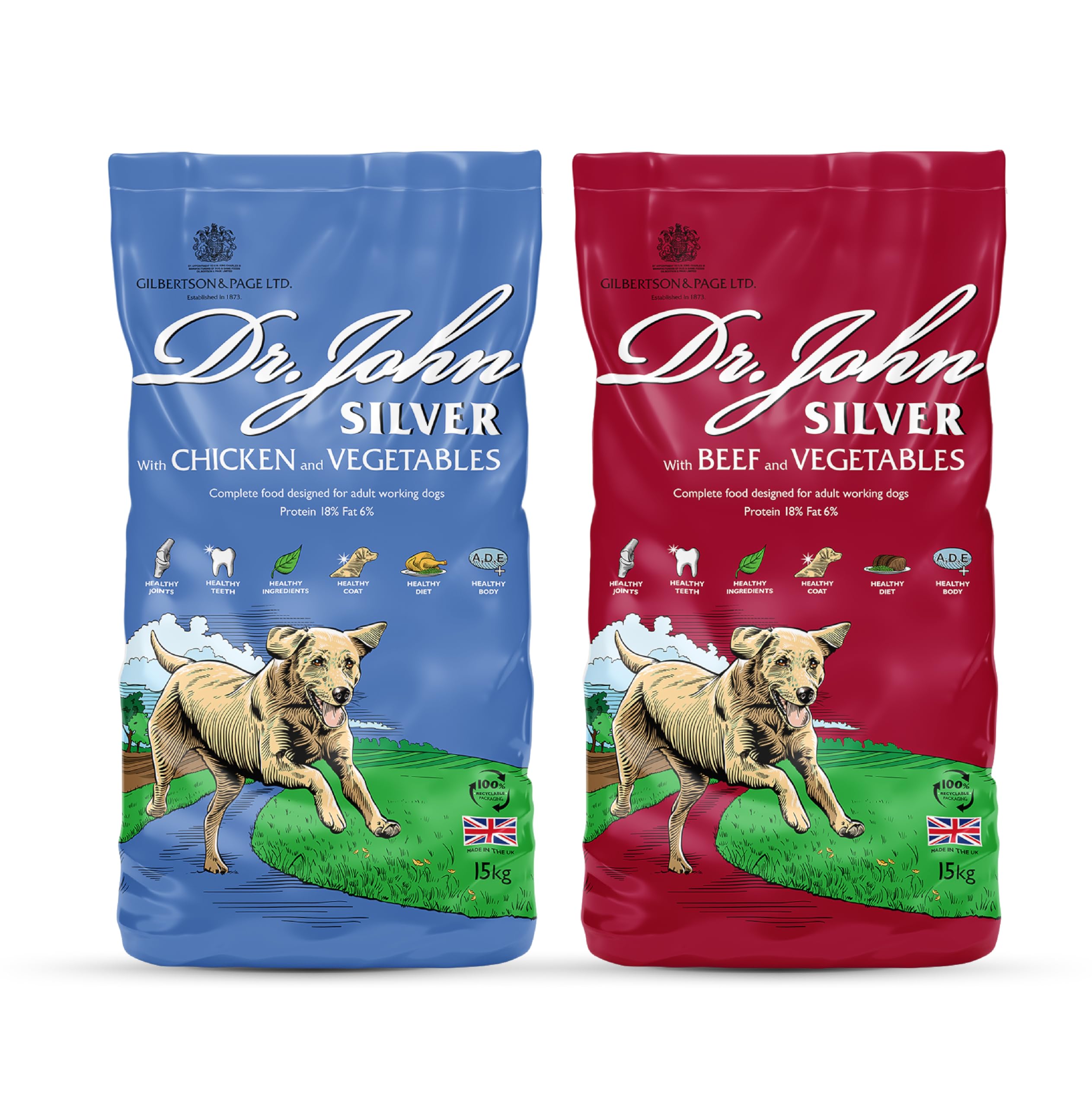 Dr John Silver Complete Dry Dog Food 15kg x 2 - Beef & Chicken with Vegetables 2 Pack - Senior & Adult Dog Biscuits for Light Activity, Maintenance & Resting Dogs