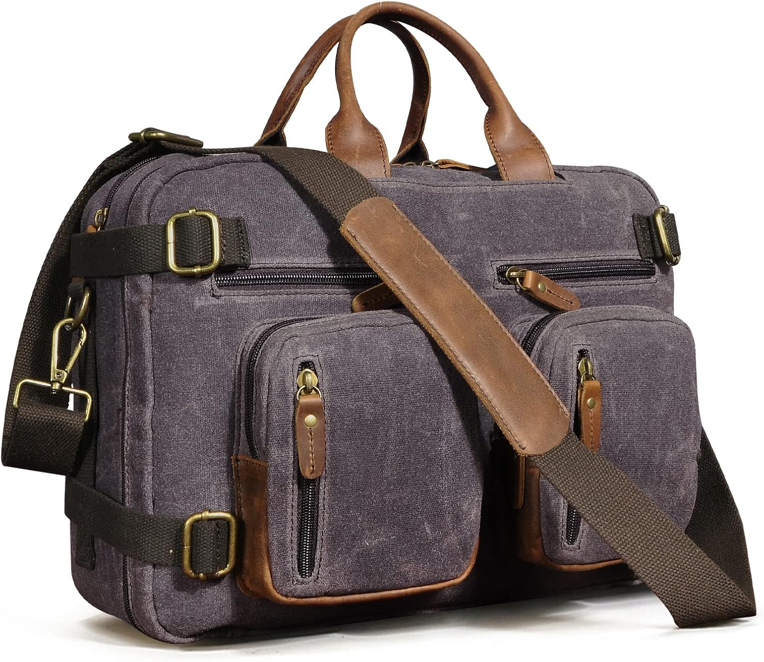 Le'aokuu Mens Canvas & Genuine Leather Waterproof Men Business Briefcase Backpack Travel Shoulder Bag Tote Hand Bag 9911（Grey）