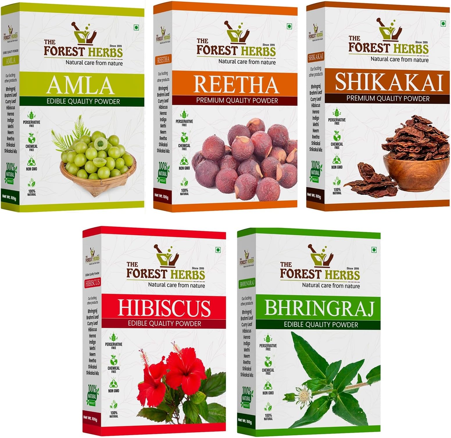 Natural Organic Amla, Reetha, Shikakai, Bhringraj, Hibiscus Powder For All Hair Type, 100g Each