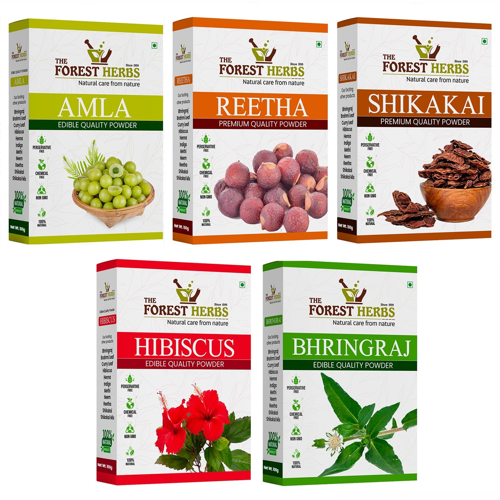 The Forest Herbs Natural Care From Nature Natural Organic Amla, Reetha, Shikakai, Bhringraj, Hibiscus Powder For All Hair Type, 100g Each