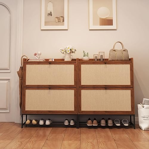 Miniatura 7 de AVZEAR Armario para zapatos, zapatero independiente con 2 cajones abatibles, moderno estante estrecho para entrada, pasillo, dormitorio (nogal)