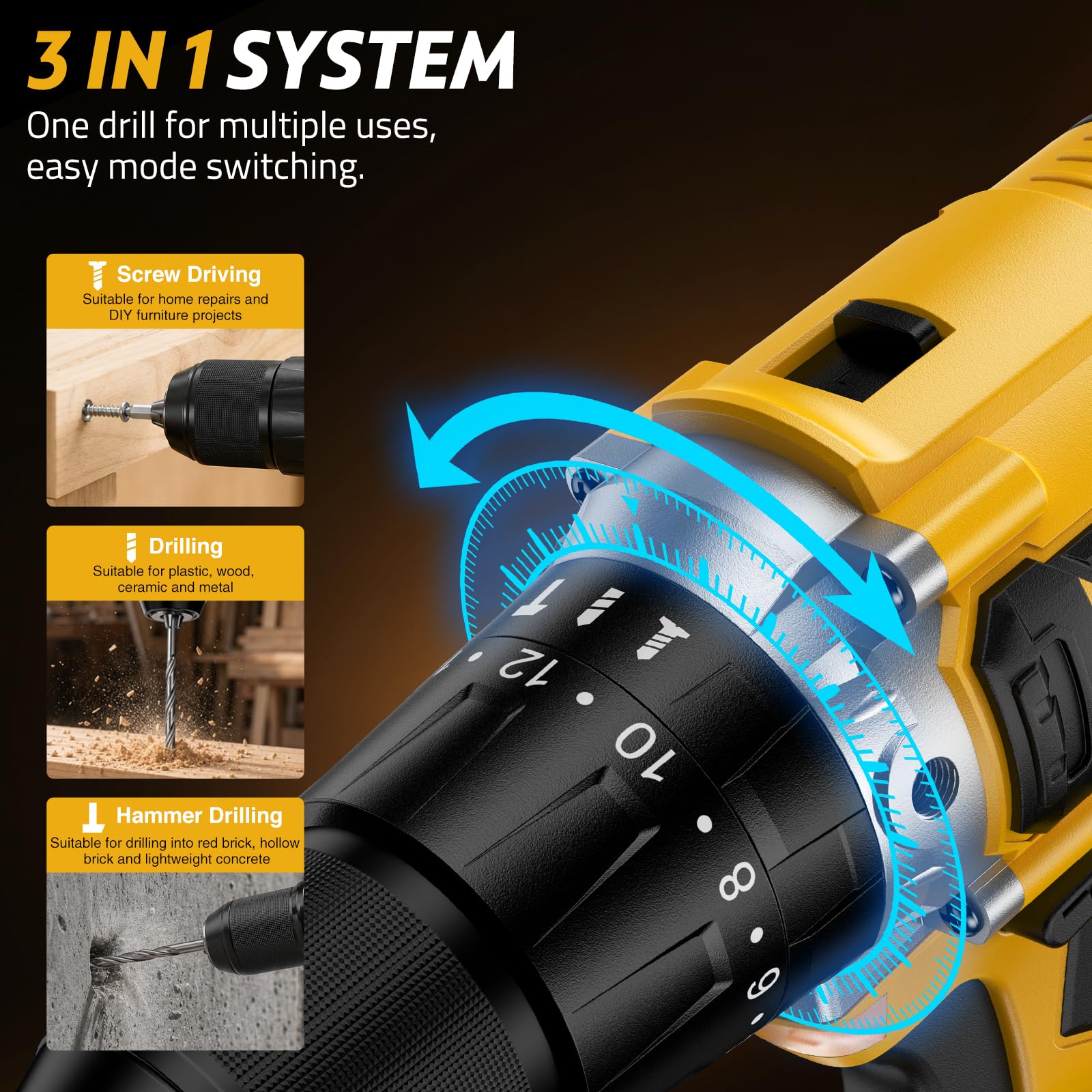 Sundpey Taladro Percutor Bateria 21V, Max 2150RPM Taladro Atornillador Batería Sin Escobillas con 2x4.0Ah Baterías, 20+3 Ajuste de Par Inalámbrico Atornillador Electrico, 13mm Portabrocas, 2 Velocidad