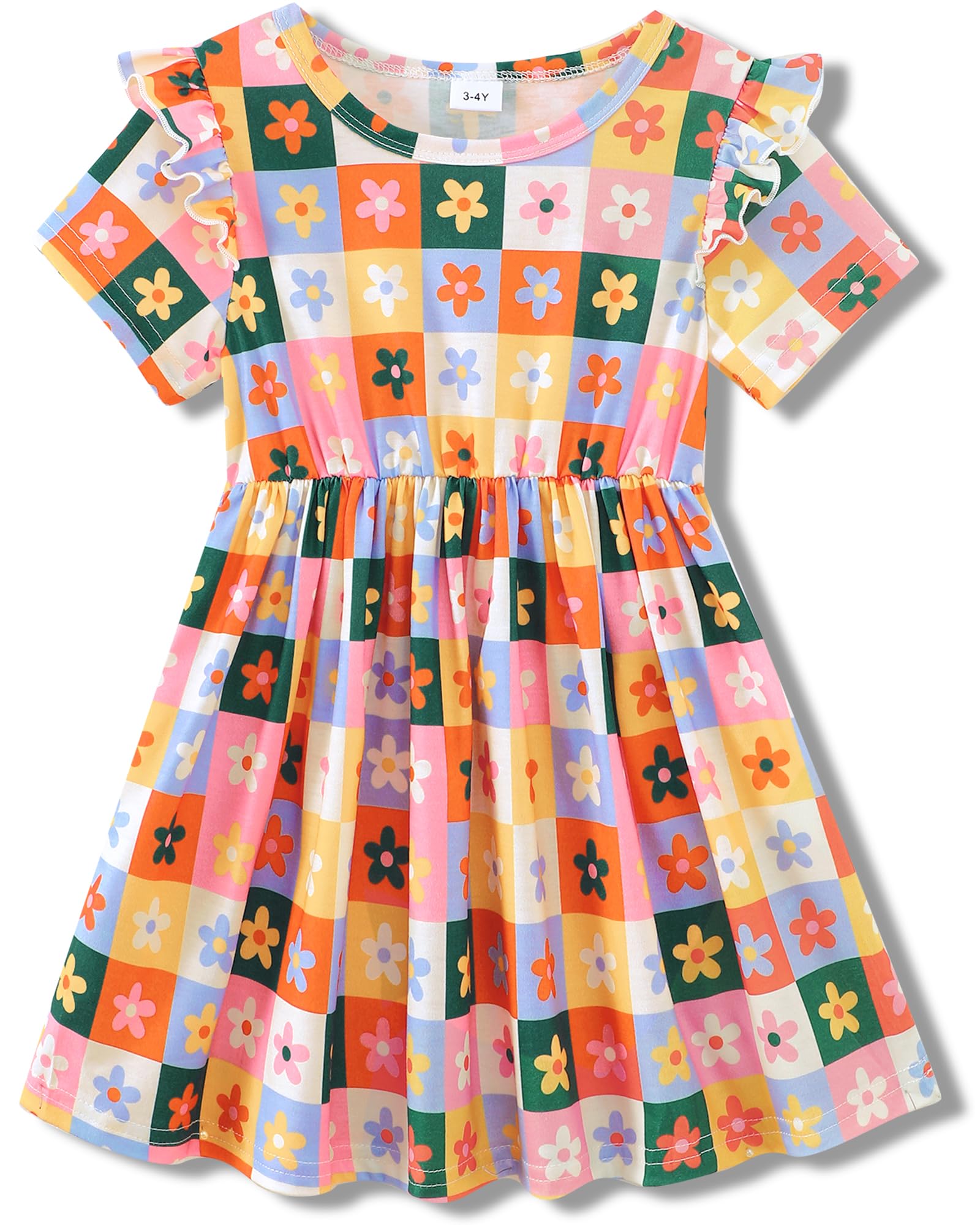 HIGHUZZA Toddler Girls Cute Print Summer Dresses Little Girl Ruffle Sleeve Twirly Swing Kids Dress with Pockets