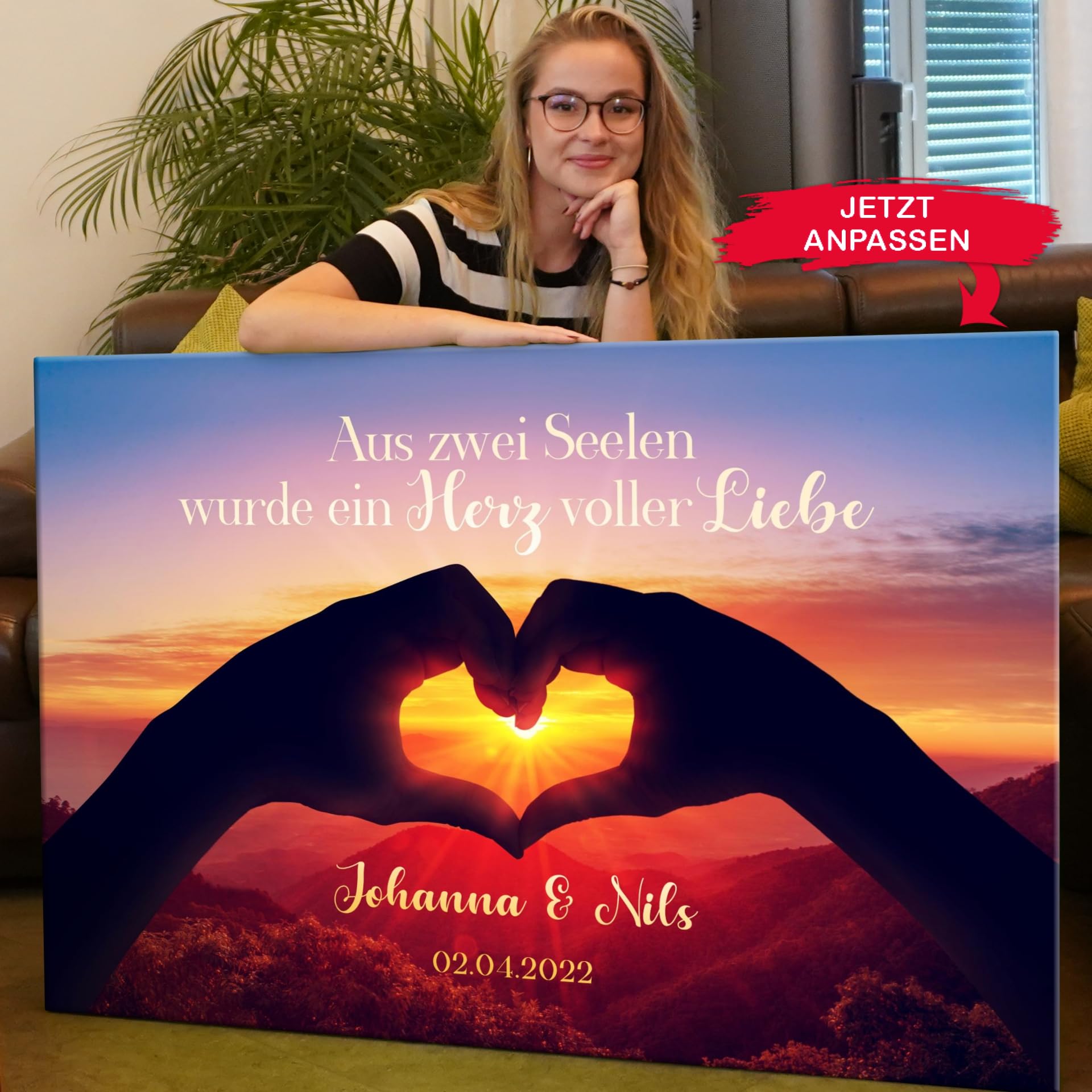 Liebesleinwand Individuelles Wandbild Zwei Seelen werden ein Herz | Jahrestag, Hochzeitstag Geschenke für Frauen | Leinwand mit Namen und Datum gestalten