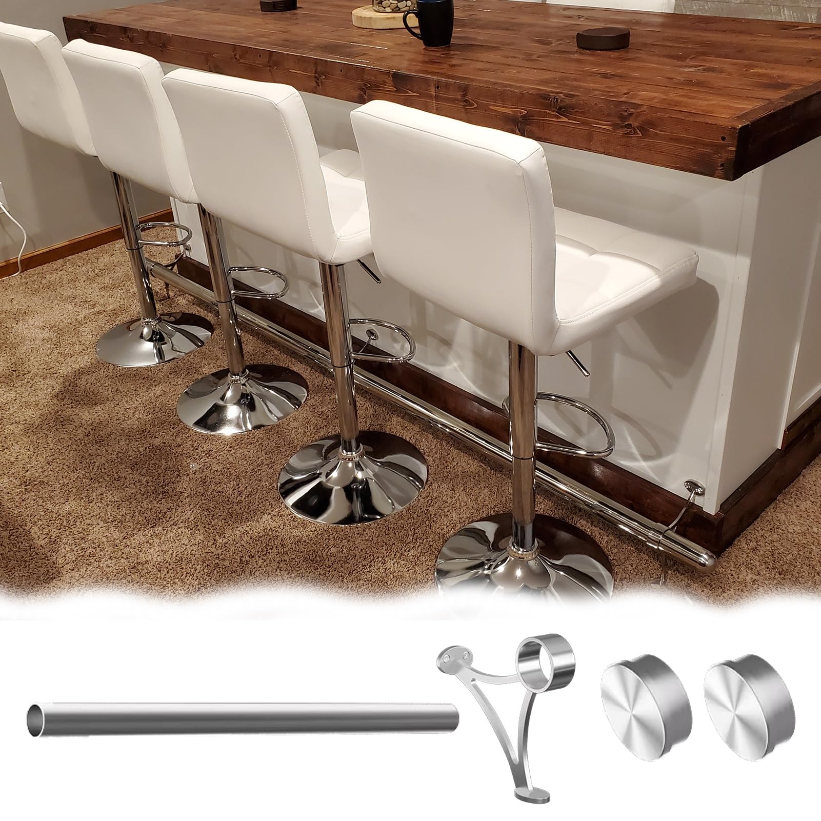 Repose-pieds de bar complet en inox brossé de 160cm avec ses fixations sous comptoir