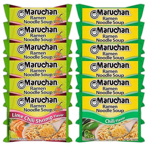 Maruchan Ramen - Sopa instantánea de fideos variedad, 2 sabores, 6 paquetes de camarones de chile y lima y 6 paquetes de chile, variedad de