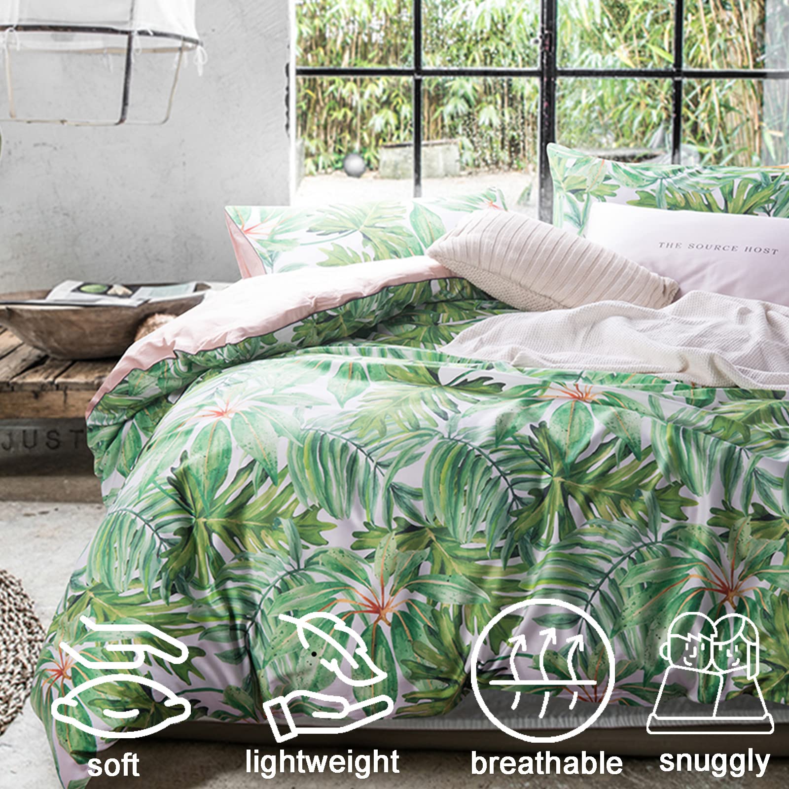 MorroMorn Tropical Duvet Cover Queen Size, Green Boho Bedding Sets, 3 Pcs Soft Coastal Vintage Retro (Green Monstera, Full/Queen)