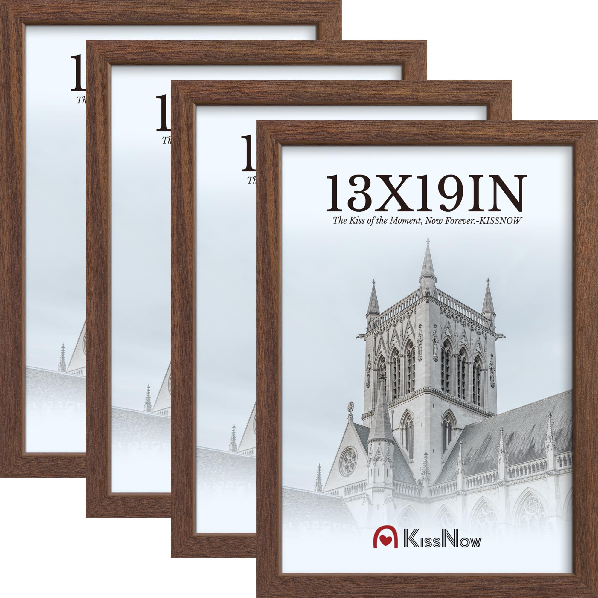 13x19 picture frame 4 pack, brown wood 19x13 poster frame, tempered glass, vertical or horizontal wall display for photos & art prints