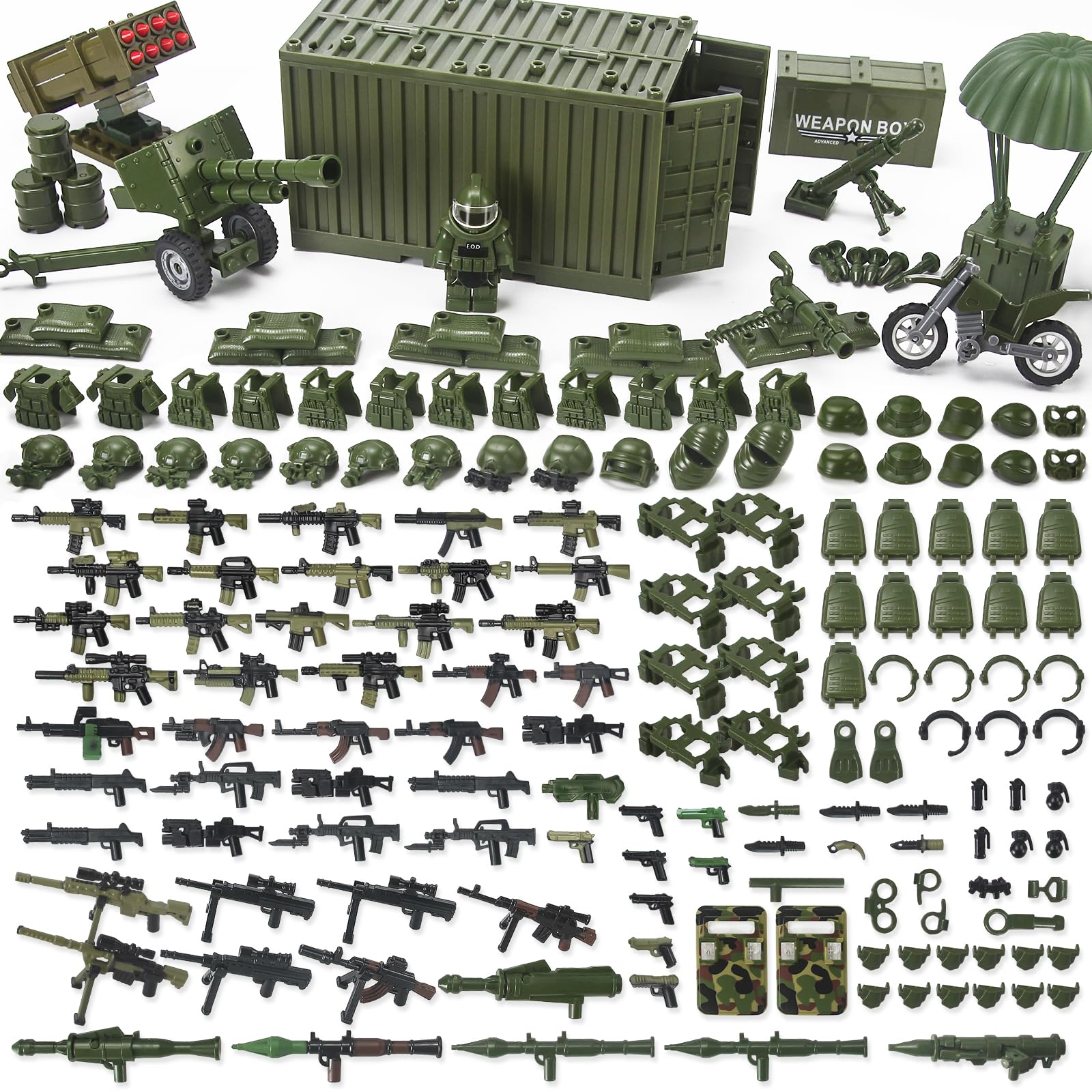 Feleph Military Weapons Pack with Shipping Cargo Container Army Equipment Helmet Armor 325Pcs Various of Military Accessories Building Block Toy Compatible with Major Brands Soldier Figures (Green)