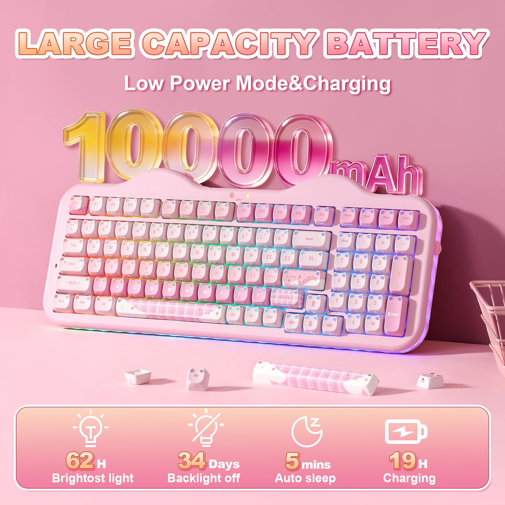 YUNZII C98 Klawiatura mechaniczna (Różowy, Milk V2 Linear Switch) | BT5.0/2.4G/USB-C, Hot Swap Gasket Mount, przezroczyste MOA keycapy, RGB, motyw Cake, Win/Mac