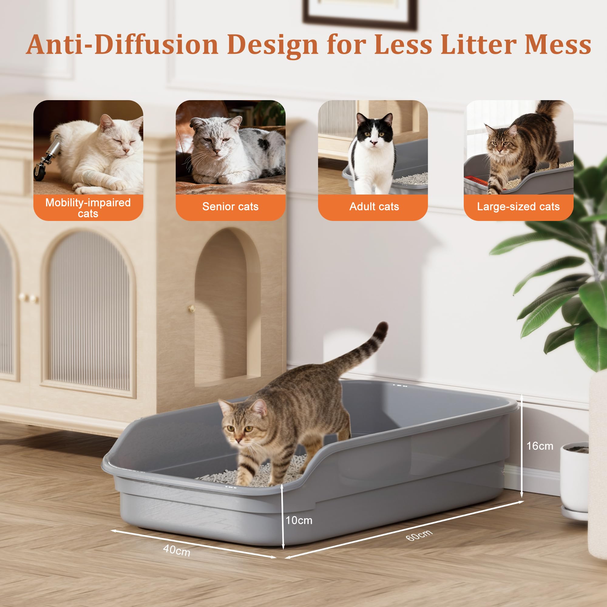 Vealind Bac à Litière Chat XXL， Design Ouvert parois Hautes Anti-éclaboussures pédale Anti-Fuite Grand bac litiere pour Chat， 60×40×16cm，pour Chatons et Grands Chats (Gris)