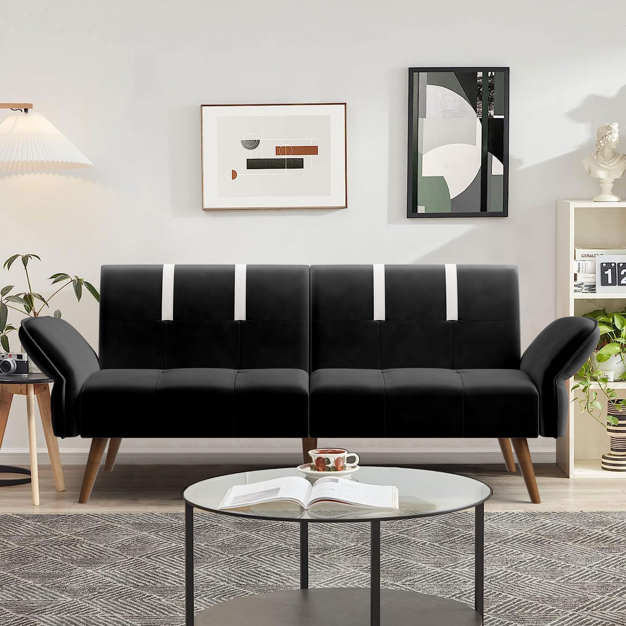 Futon Sofa Bed 67 In. Black PVC Leather Upholstered Convertible Folding ...