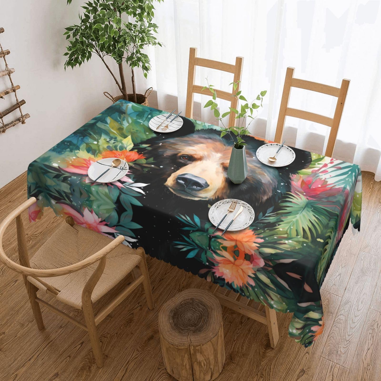 QAZWZML watercolor bear Printed tablecloth, made of thick polyester with lace trim, suitable for dining rooms, picnics, and weddings
