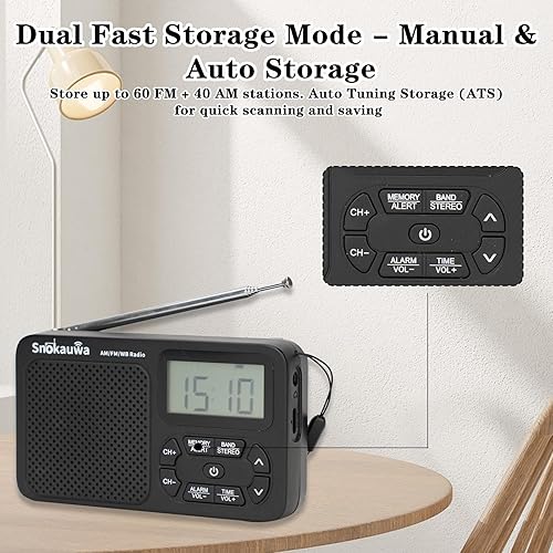 Miniatura 5 de Radio meteorológica de emergencia radios meteorológicas portátiles AMFM NOAA con almacenamiento de modo dual, sintonizador digital, temporizador de