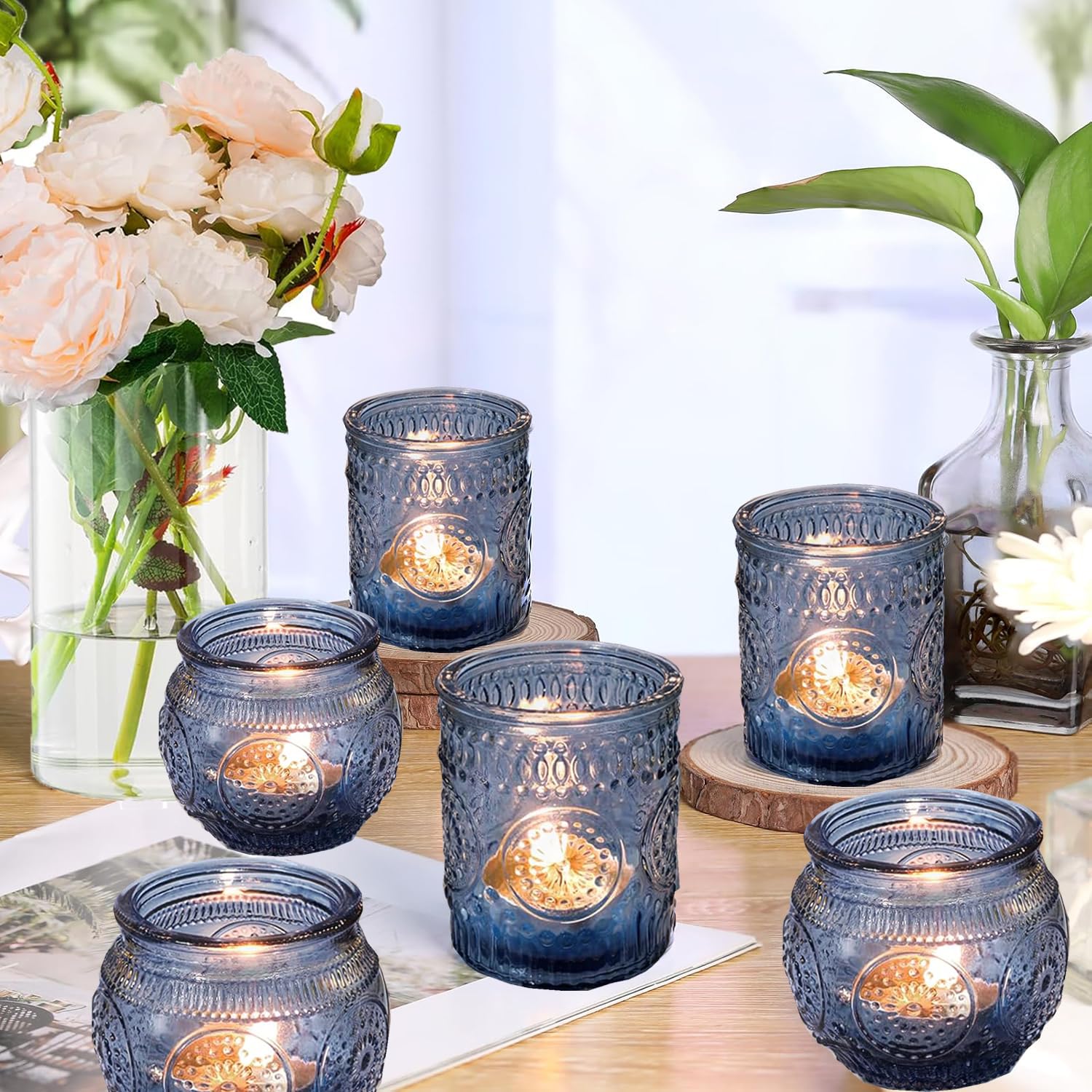 Portavelas de cristal, portavelas votivos para centro de mesa de boda, varias fiestas y decoración del hogar (12, azul)