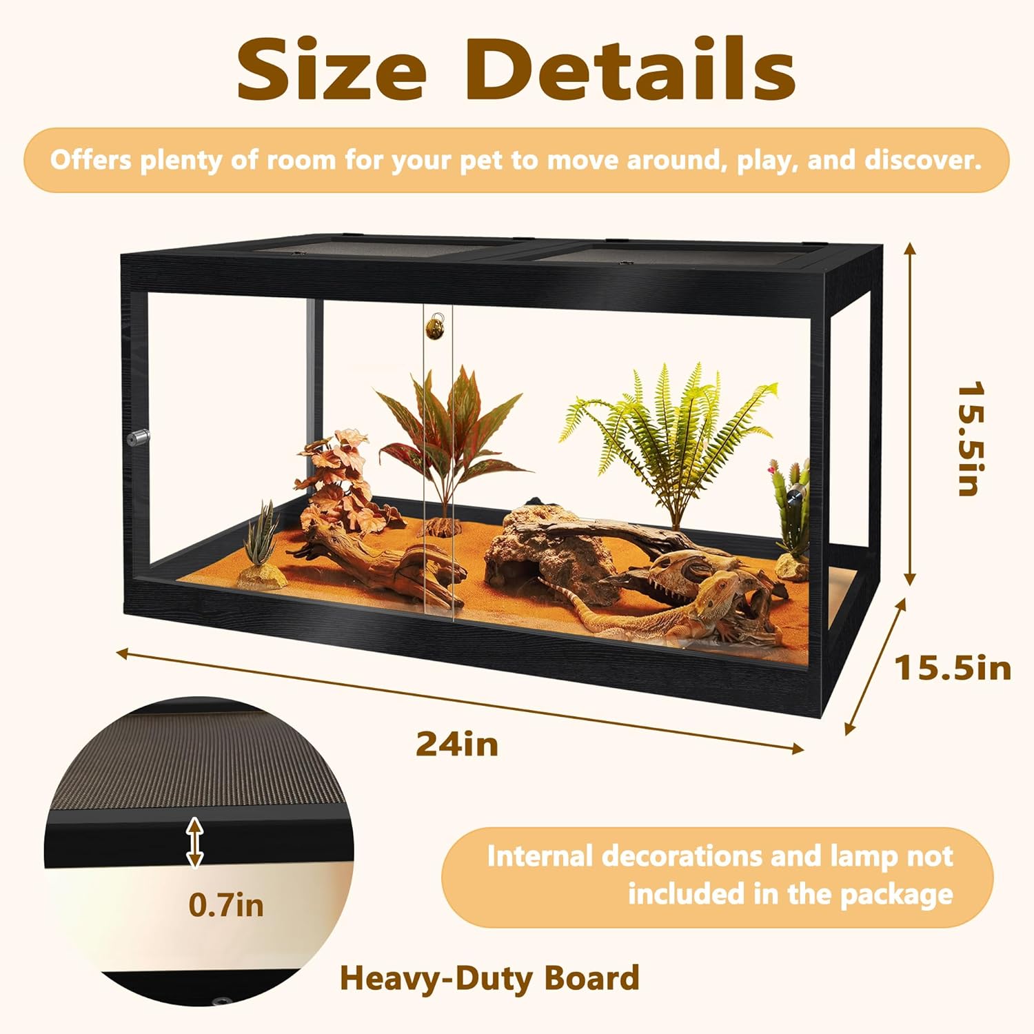 PROLEE Bearded Dragon Tank, Reptile Tank with Meatl Mesh Roof and Front Sliding Door, Lizard Tank,Spacious Reptile Enclosure for Snakes,Lguanas, Chameleons (Black, 27 Gallons)