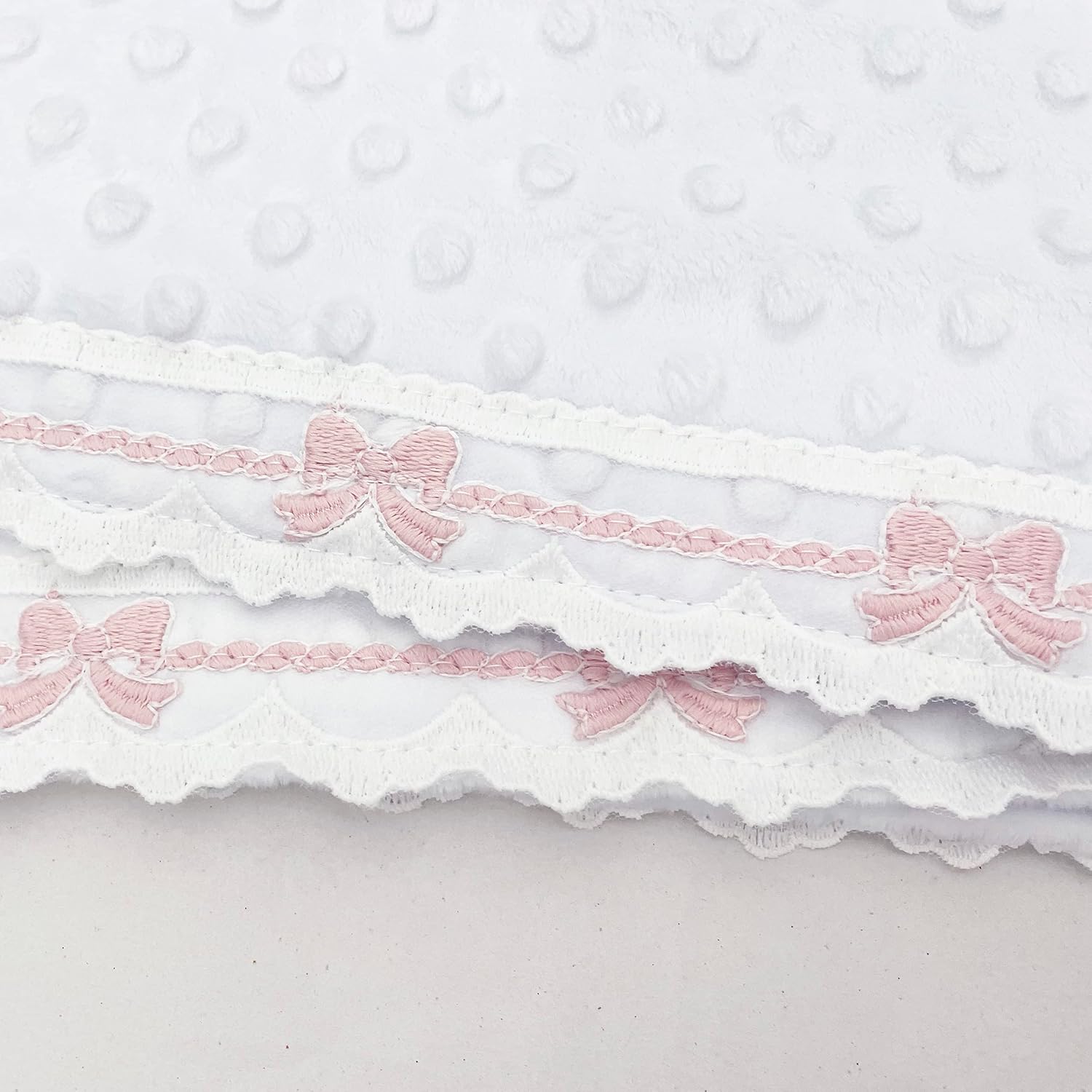 MEG ORIGINAL Baby Girl Blanket - Heirloom Collection - White with Pink Bows, Super Soft Minky, Handmade in The USA (Crib (30 x 51))
