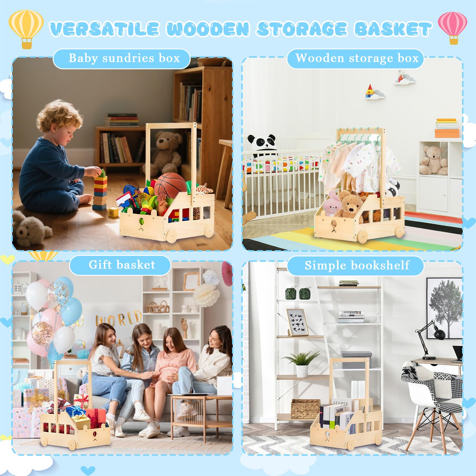 Drewniane pudełko na baby shower, drewniany kosz na prezent dla dziecka, drewniane kosze na prezenty dla dziecka z uchwytem, prezent dla chłopca lub dziewczynki