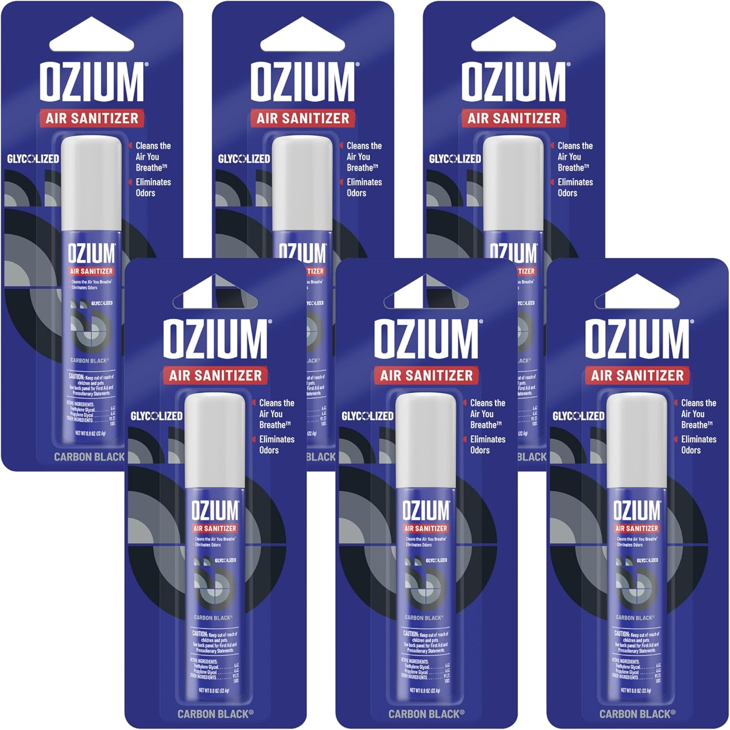 Ozium Air Sanitizer Spray - Room Odor Eliminator for Home, Car, and Office - Carbon Black - 0.8 oz Can - 6 Pack