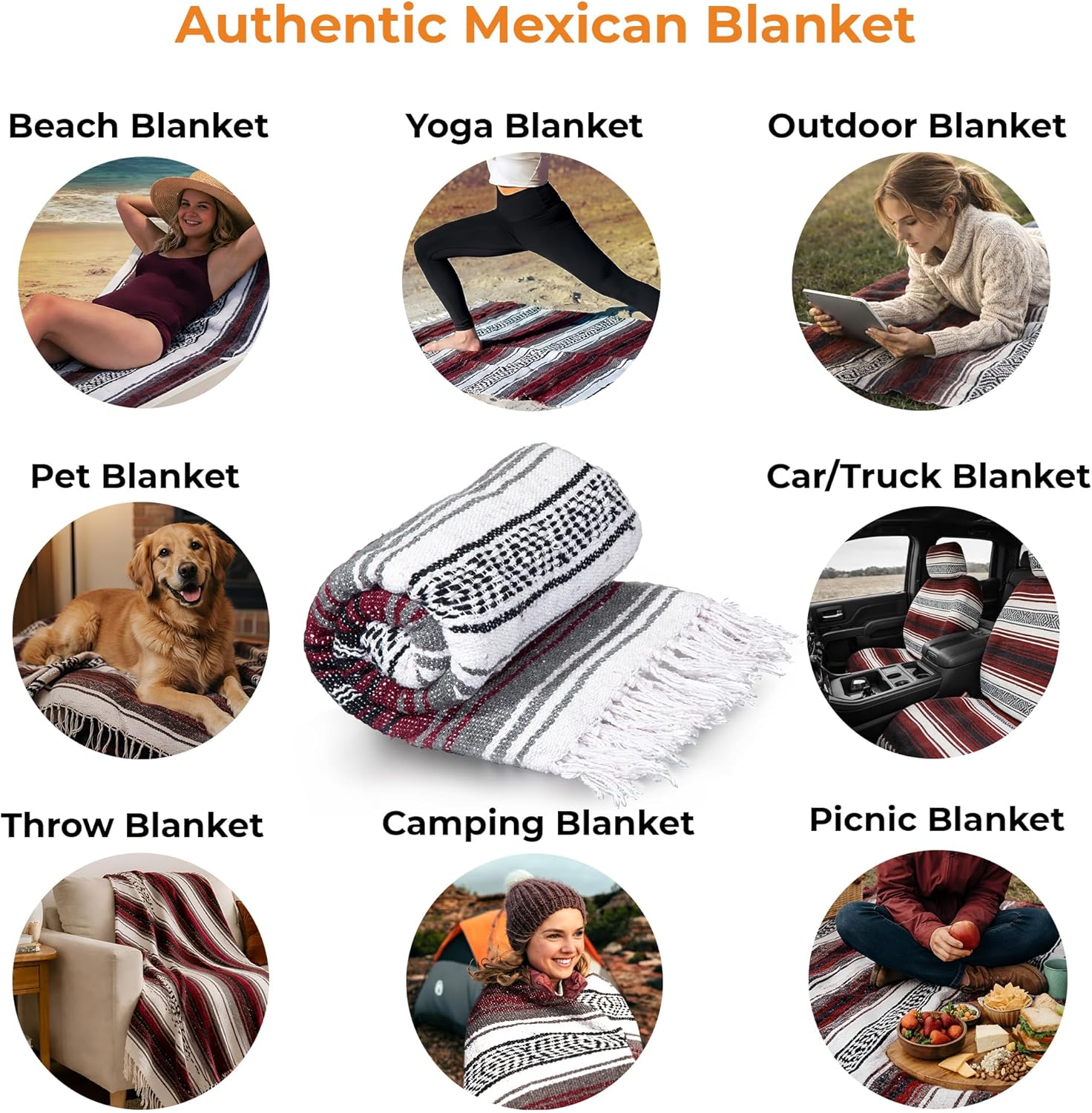 Mexican Blanket (Authentic Handmade Falsa) - Durable, Lightweight Baja Indian Blanket for Yoga, Beach, Camping, Picnic, Car/Truck, Outdoor Mexican Throw, Baja Saddle Blanket, 70"x50", Cherry - Image 2