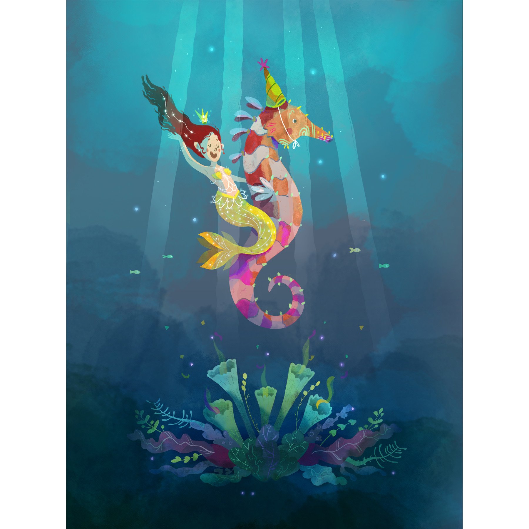 Wee Blue Coo Mermaid Seahorse Yellow Art Large Art Print Poster Wall Decor 18x24 inch