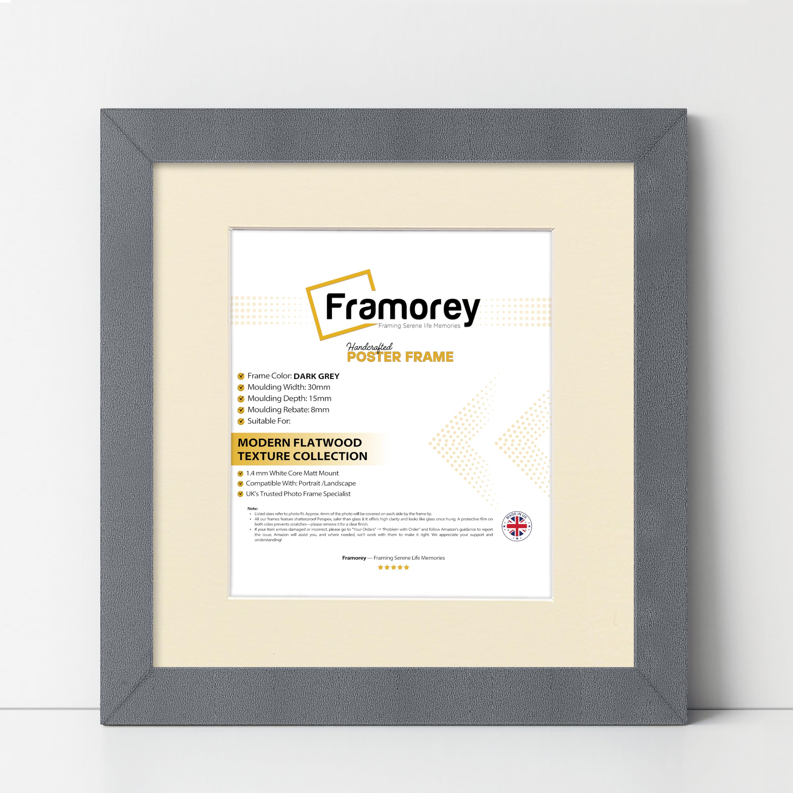 FRAMOREY Square Oxford Flat Wooden Effect Picture Frame, 28x28" Size Dark Grey Photo Frame With 24x24" Size Ivory Mount, Photo Print Frame, Best Photo Frames For Birthday Gift