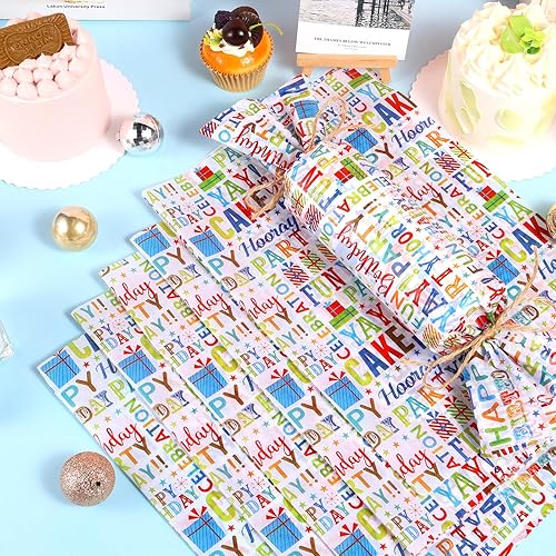 Miniatura 2 de 100 hojas de papel de seda de feliz cumpleaños, papel de regalo de letras de acuarela para cumpleaños, manualidades, suministros de fiesta de