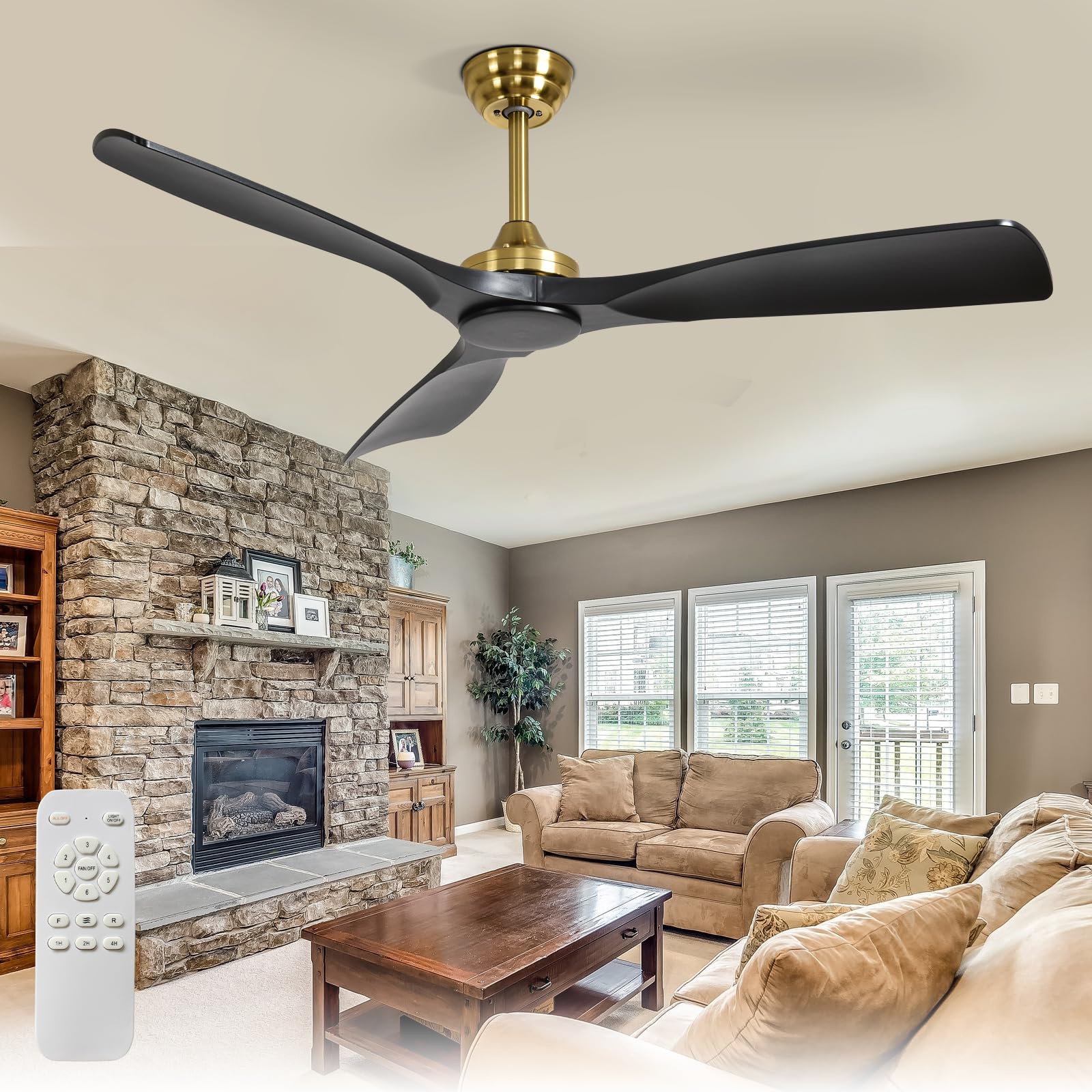 Depuley Ventilador de techo sin luz: Ventilador de exterior de 52 pulgadas con control remoto por para porches y terrazas - Ventilador de techo Black Gold sin luz, reversible, 6 velocidades