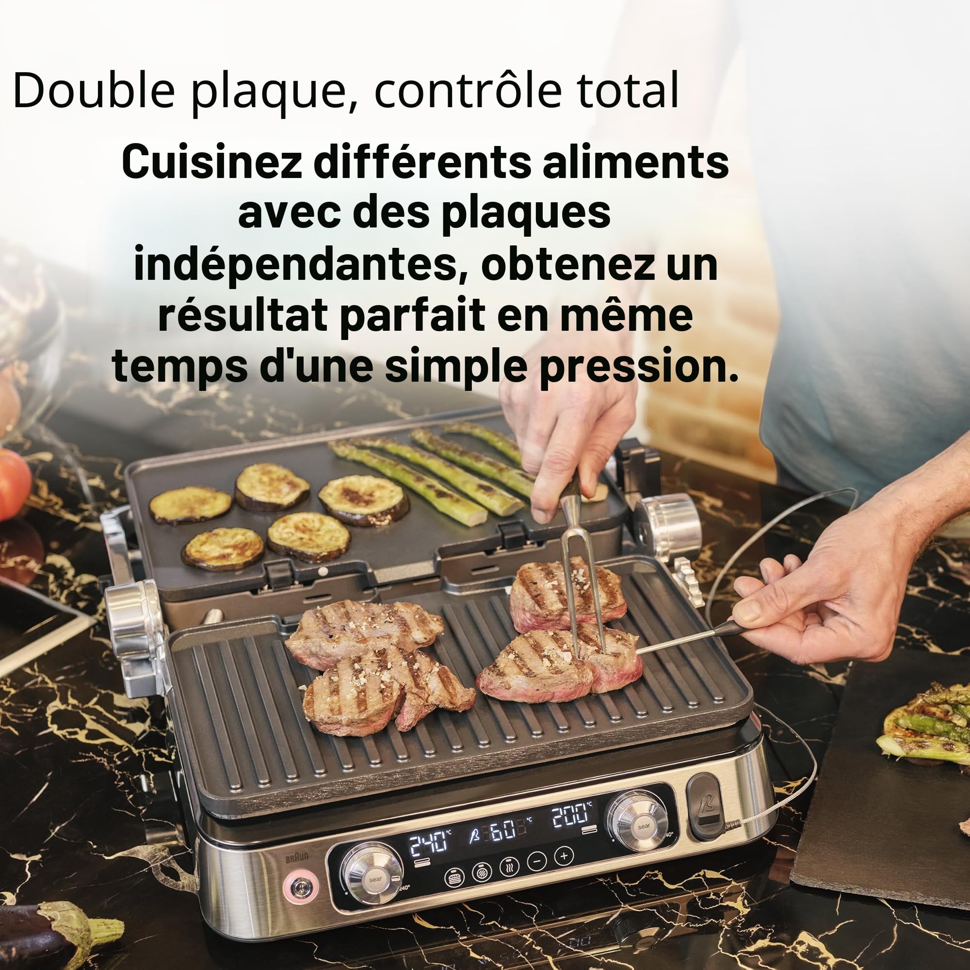 Braun MultiGrill9 CG9167, Grille Électrique à Contrôle Électronique, 2 Thermostats Indépendants, 3 Positions de Cuisson, Sonde Thermique, Fonction BOOST, Ensemble Plaques Grill+Lisses+Gaufres, 2200W