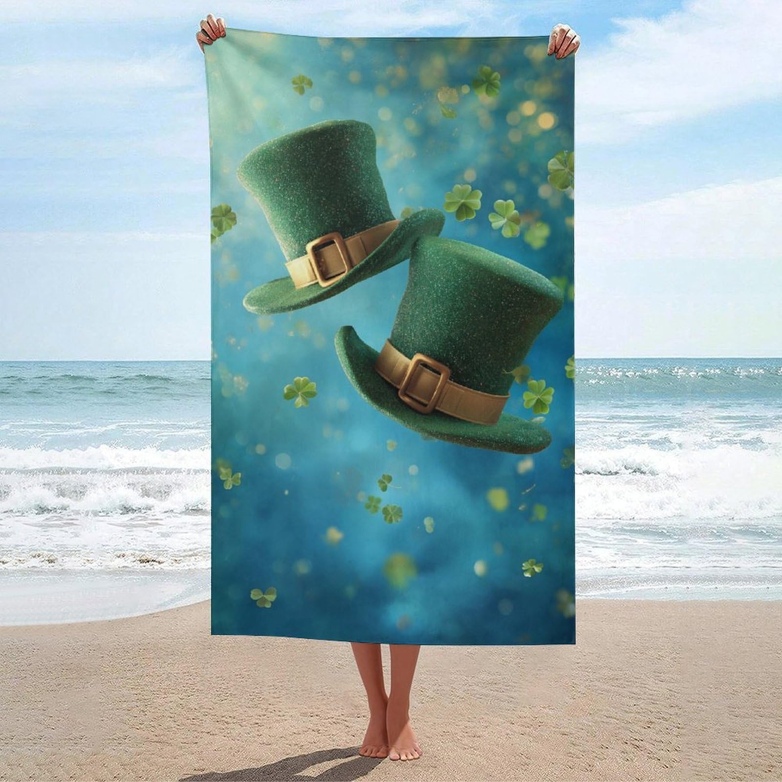 asbwuo Two Shimmering Green Leprechaun Hats Beach Towel