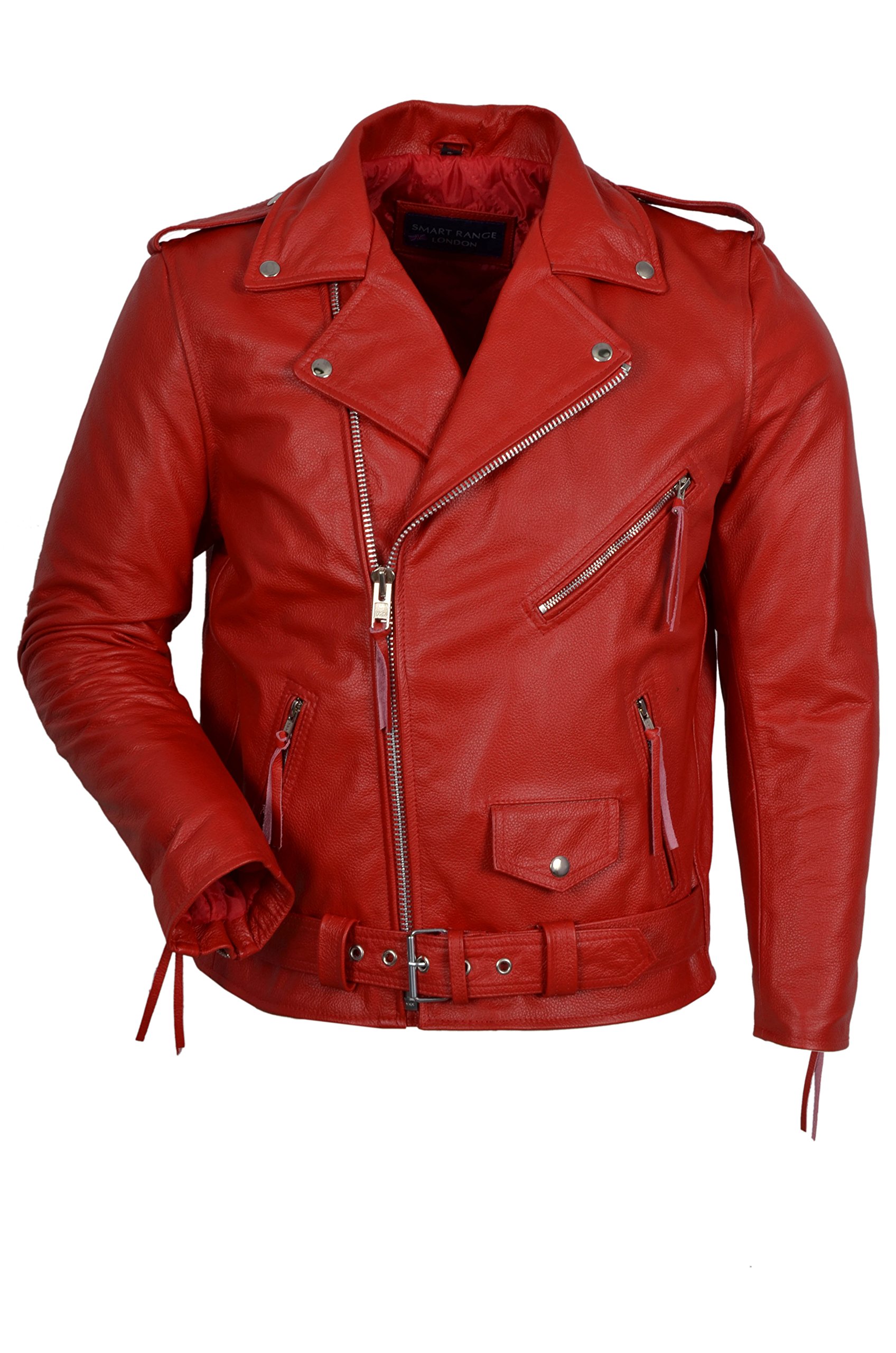 Smart Range Leather Men's Red Brando Classic Motorcycle Motorbike Genuine Cowhide Leather Jacket (Small)