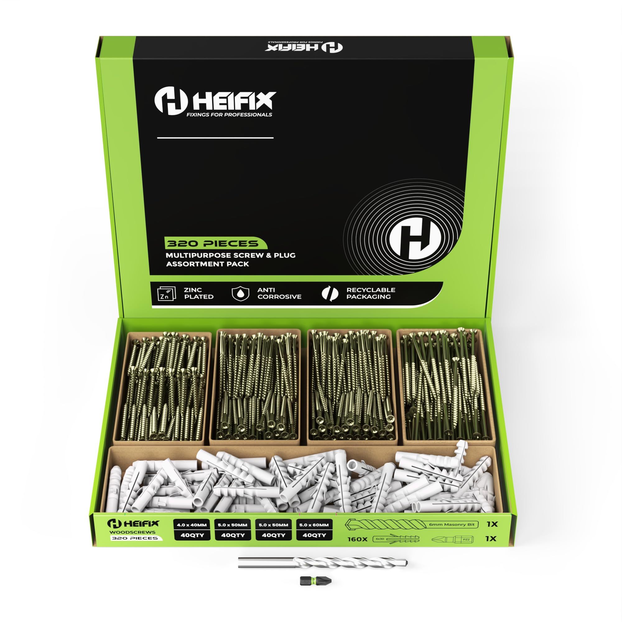 Heifix 320-Piece Wall Plug and Screw Set In Eco Storage Box, FREE 6mm Masonry Drill Bit and PZ2 Bit