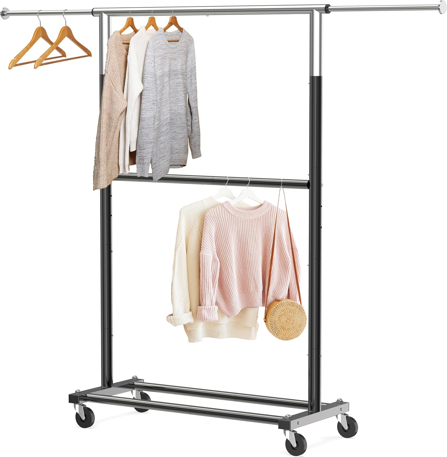 Simple Houseware Double Rod Garment Rack fully assembled with clothes hanging on both rods.