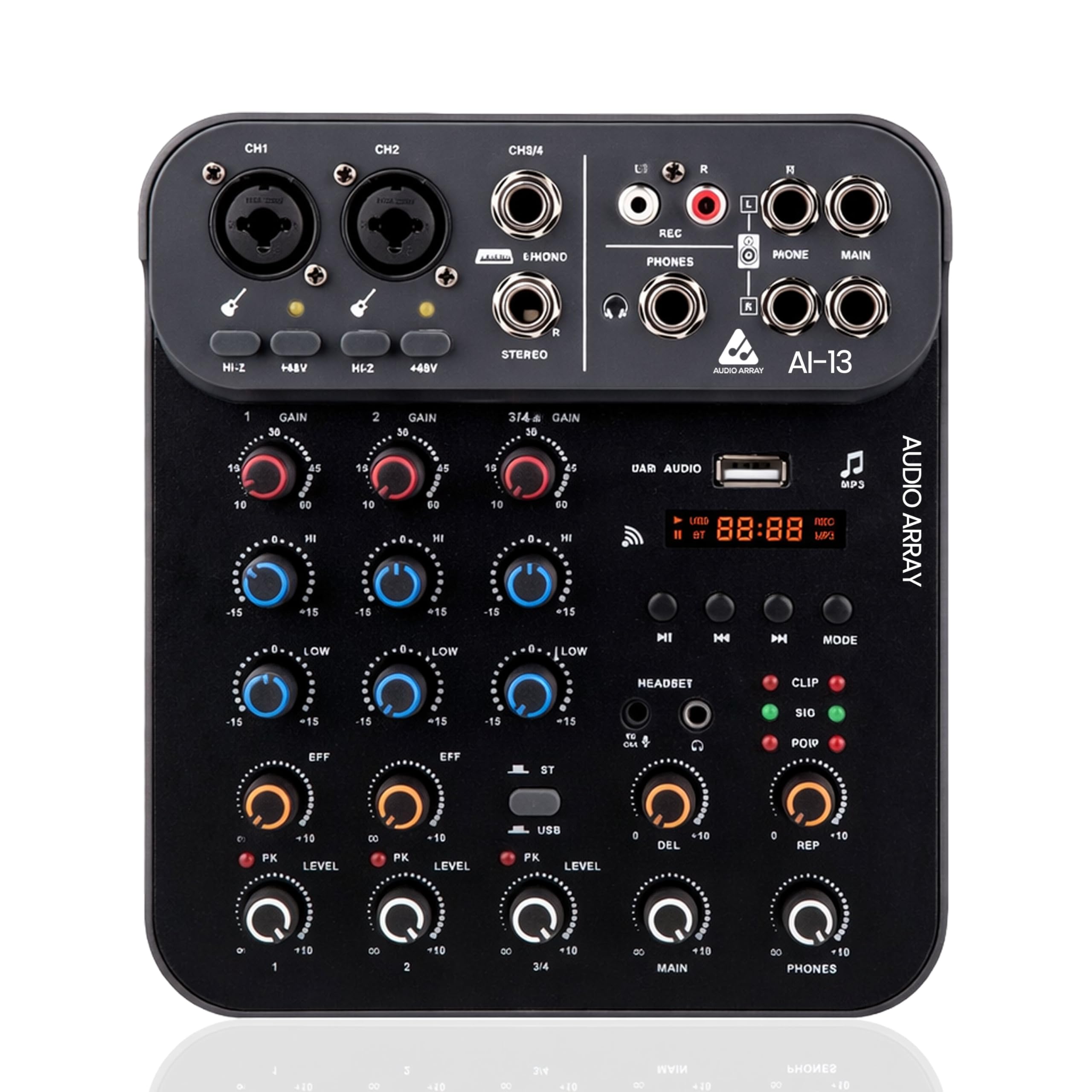 Audio Array 2026 Edition 4-Channel Hybrid USB Summing Mixer 4 Analog+2 Digital, 48kHz/16-Bit, 2XLR Mic Inputs,TRS Stereo In, 48V Phantom, Hi-Z,2 Band EQ,Monitoring,Amp Out, USB-C Power AI_13-image-1