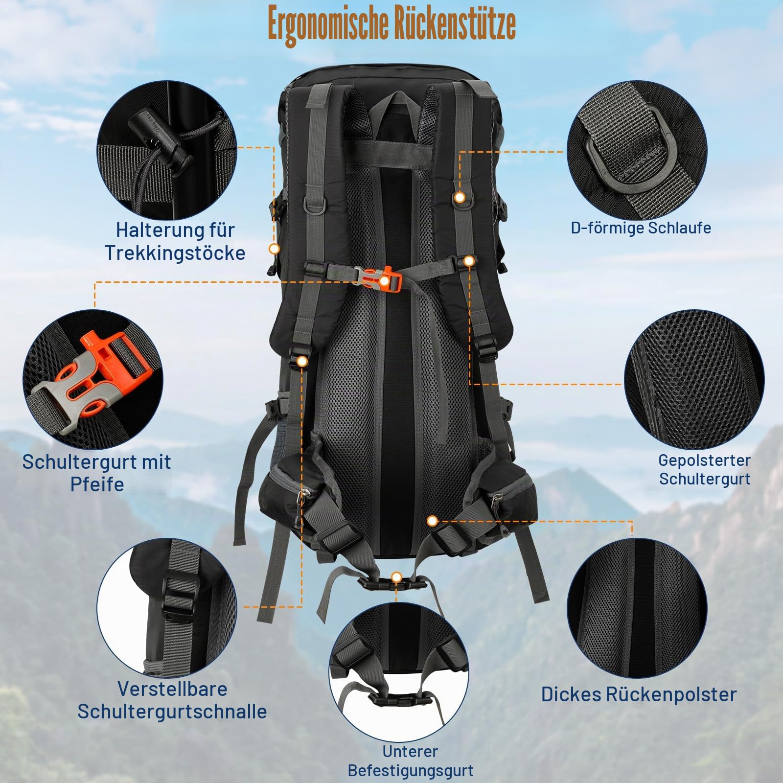 Cozary Wanderrucksack 70L Herren Damen Trekkingrucksack Outdoor Wandern Rucksack Mit Regenabdeckung, Reißfest Wasserdicht mit Belüftungssystem, Mehrere Fächer für Bergsteigen Camping Trekking