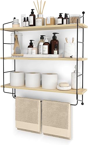 Sorbus Estantes flotantes de baño de 3 niveles para pared, almacenamiento de pared de madera para toallas, armario de almacenamiento sobre el