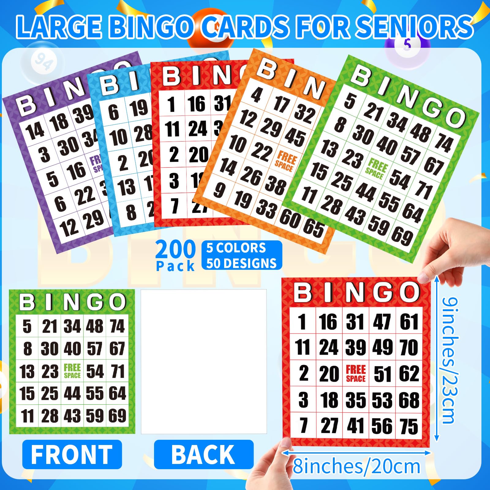 Eersida Jumbo-Bingo-Karten-Set, 20,3 x 22,9 cm, wiederverwendbar, leicht zu lesen, Bingo-Papierspielkarten mit großen Zahlen, ideal für Senioren, Familienspielabende, 200 Stück