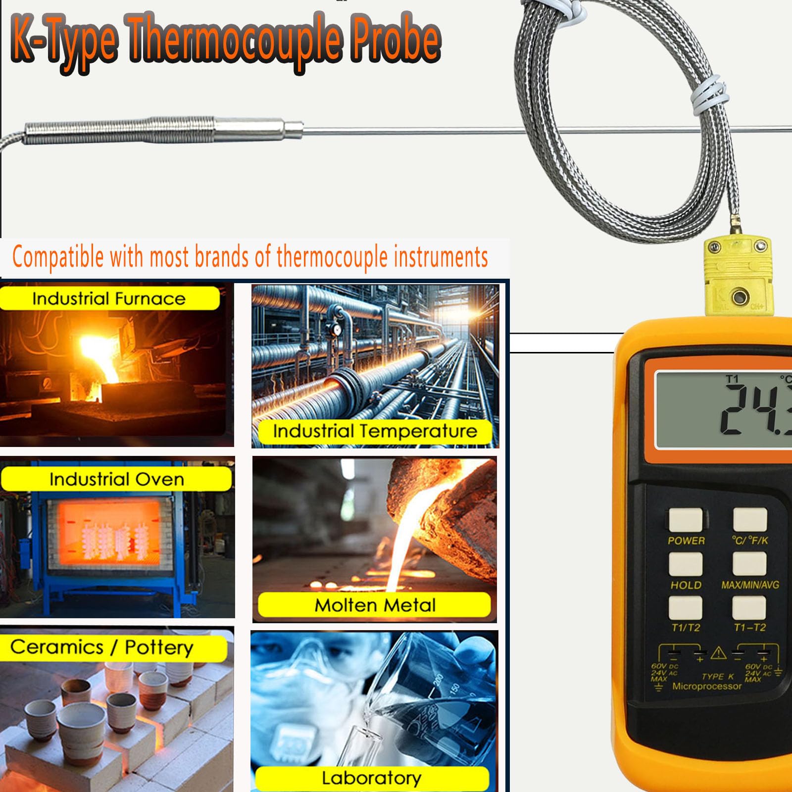 TL1918SL - Sonda de termopar tipo K (2 unidades, cable de 11 pulgadas/0.1 pulgadas, rango de medición de 40 pulgadas, 10 ºC-1250 ºF)