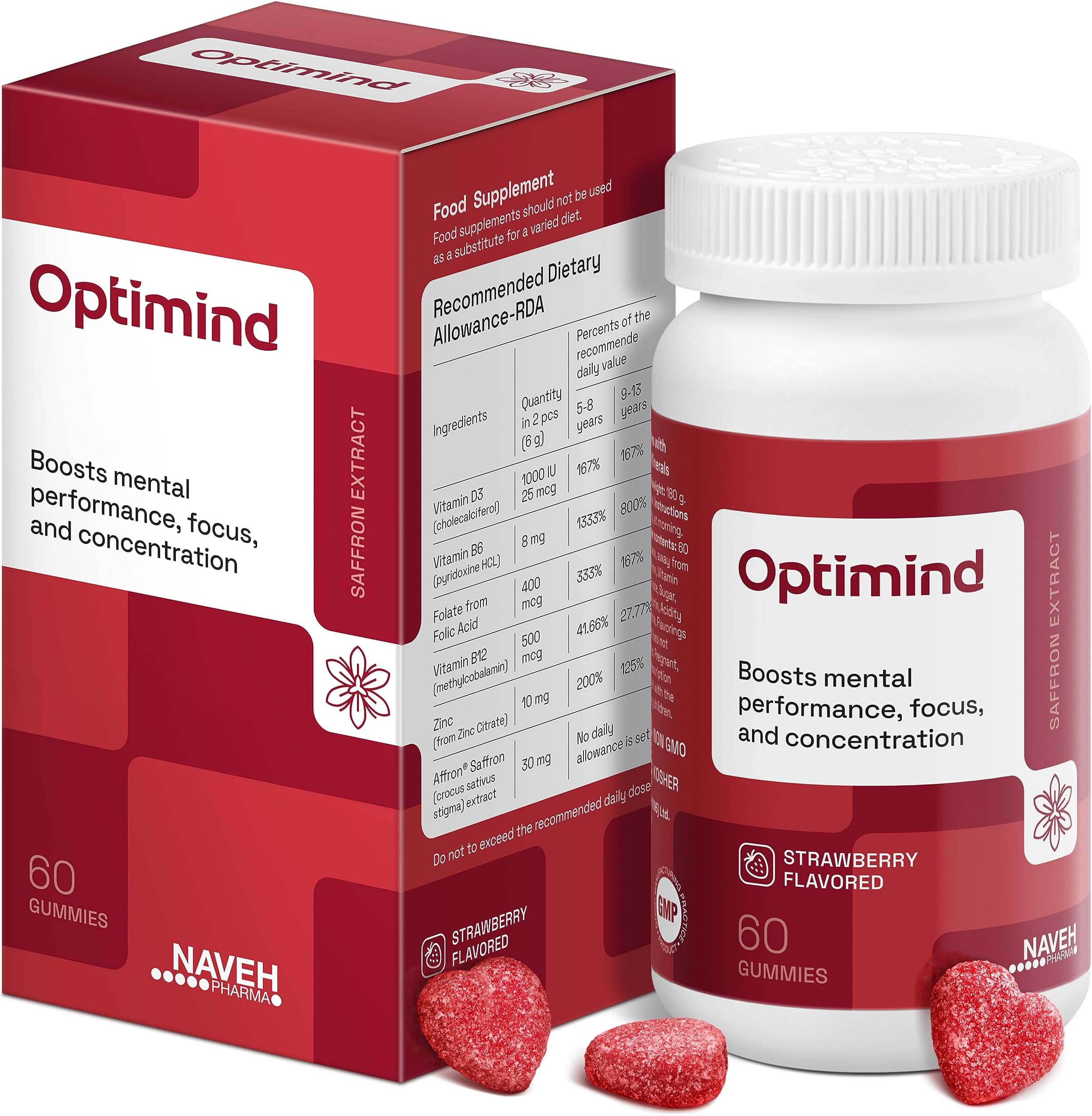 OptiMind - Focus Supplement | Natural ADHD Supplements for Kids | 30 MG Saffron Supplements: Kids Vitamins and Memory Supplement for Brains | Mood Support | 60 Calm Gummies (Strawberry)