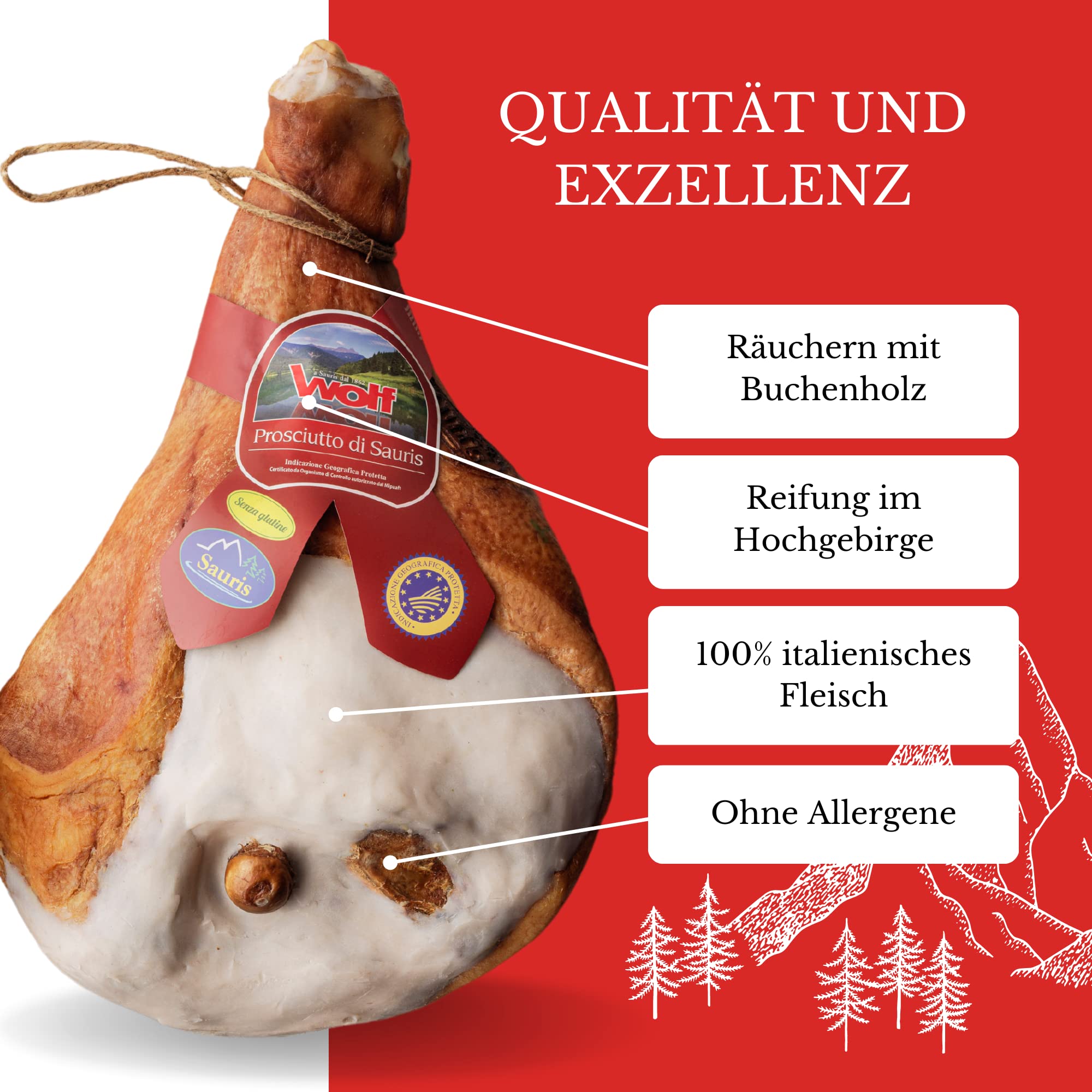 Wolf, Sauris g.g.A. Schinken Mit 100% Italienischem Fleisch, Mit Knochen, Hergestellt Nach Traditioneller Räuchermethode, Leicht Gewürzt, Glutenfrei, Ganze 9,7 Kg (Mind. Nettogewicht Garantiert)