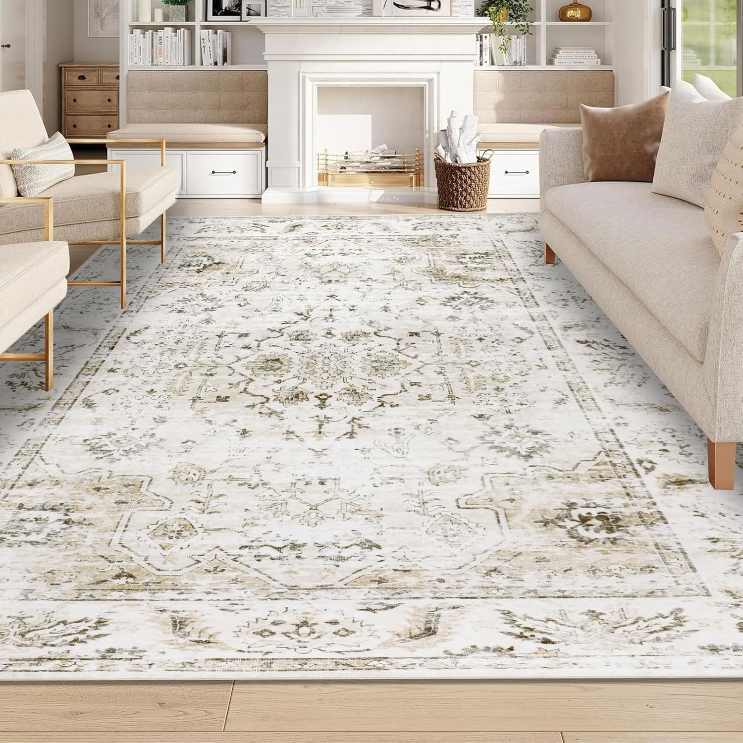 Homcomodar Vintage Teppiche Wohnzimmer Großer Teppich Waschbar Boho Teppiche Weiche Kurzflor Teppich Schlafzimmer für Esszimmer Küche
