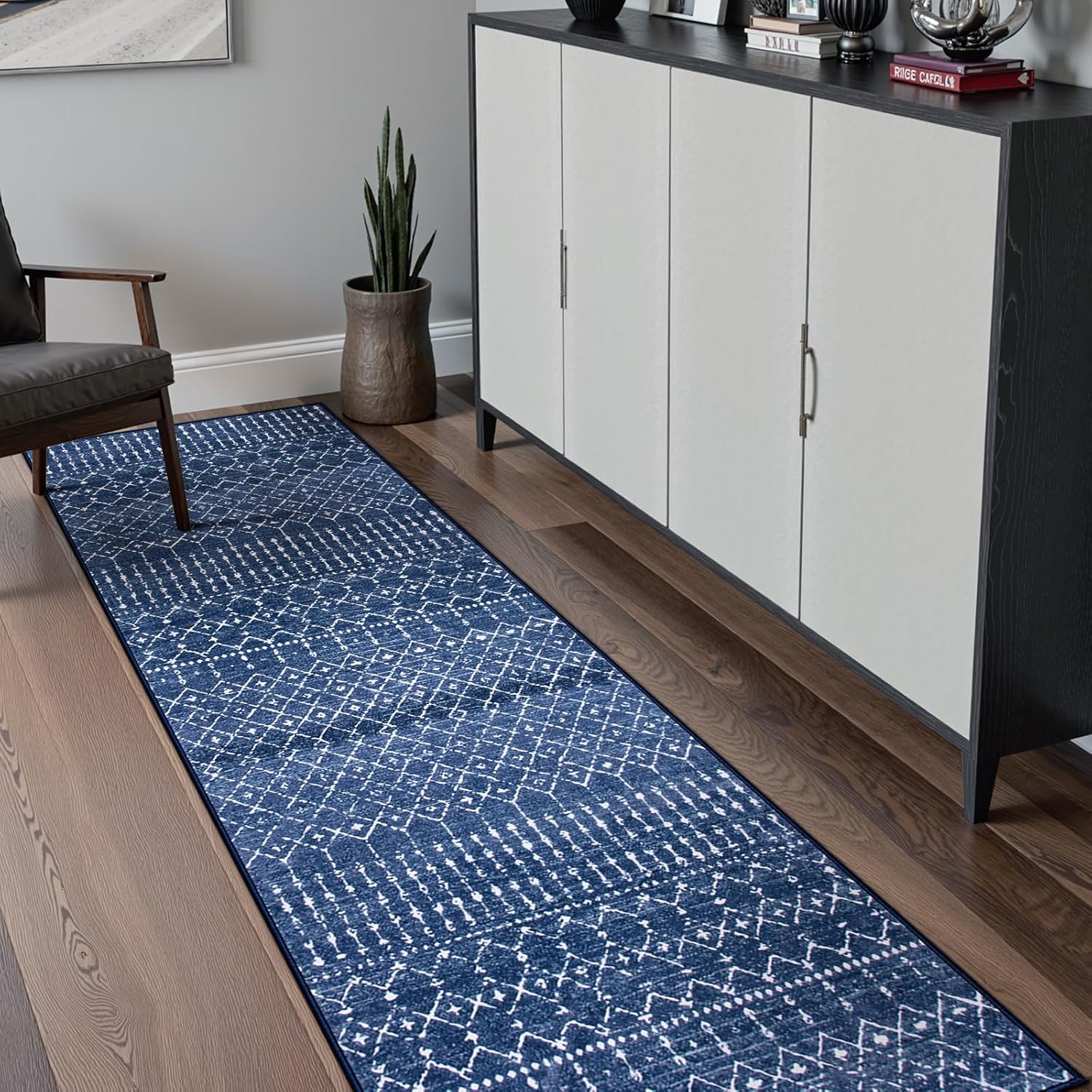 Beeiva Moroccan Runner Rug 2x7, Washable Non Slip Hallway Runners, Geometric Low Pile Ultra Thin Long Carpet Rugs for Kitchen, Laundry, Entryway - Blue